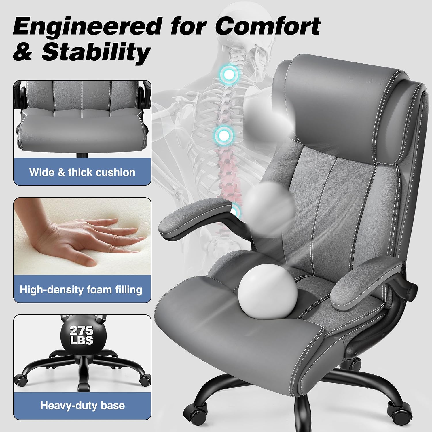 BESTFAIR Ergonomic Office Chair - Desk Computer Chair, Leather High Back Executive Chairs with Adjustable Lumbar Support for Adults, Rolling Swivel Tilt, Gray