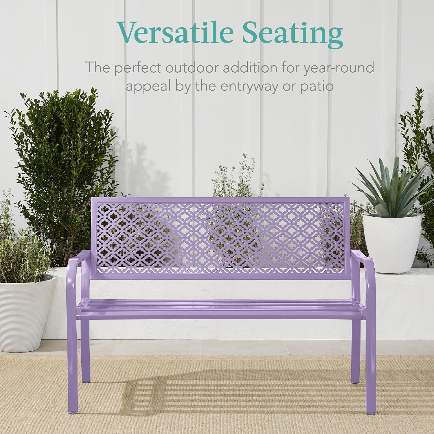 Best Choice Products Outdoor Bench 2-Person Metal Steel Benches Furniture for Garden, Patio, Porch, Entryway w/Geometric Backrest, 790lb Capacity - Lavender