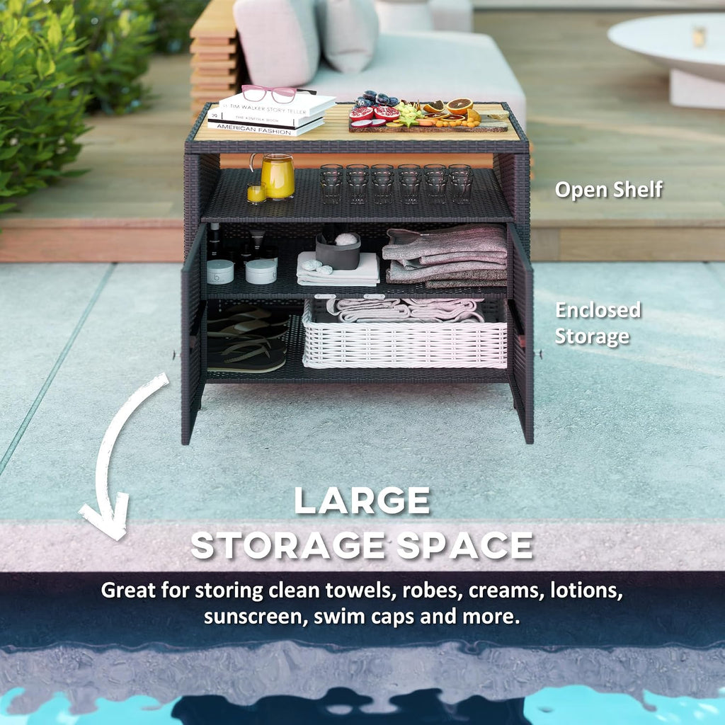 Outsunny Wicker Outdoor Storage Cabinet, Rattan Bar Table with Acacia Wood Countertop, 2 Doors and Shelf, Buffet Cabinet Sideboard for Poolside, Garden, Patio, Backyard, Black