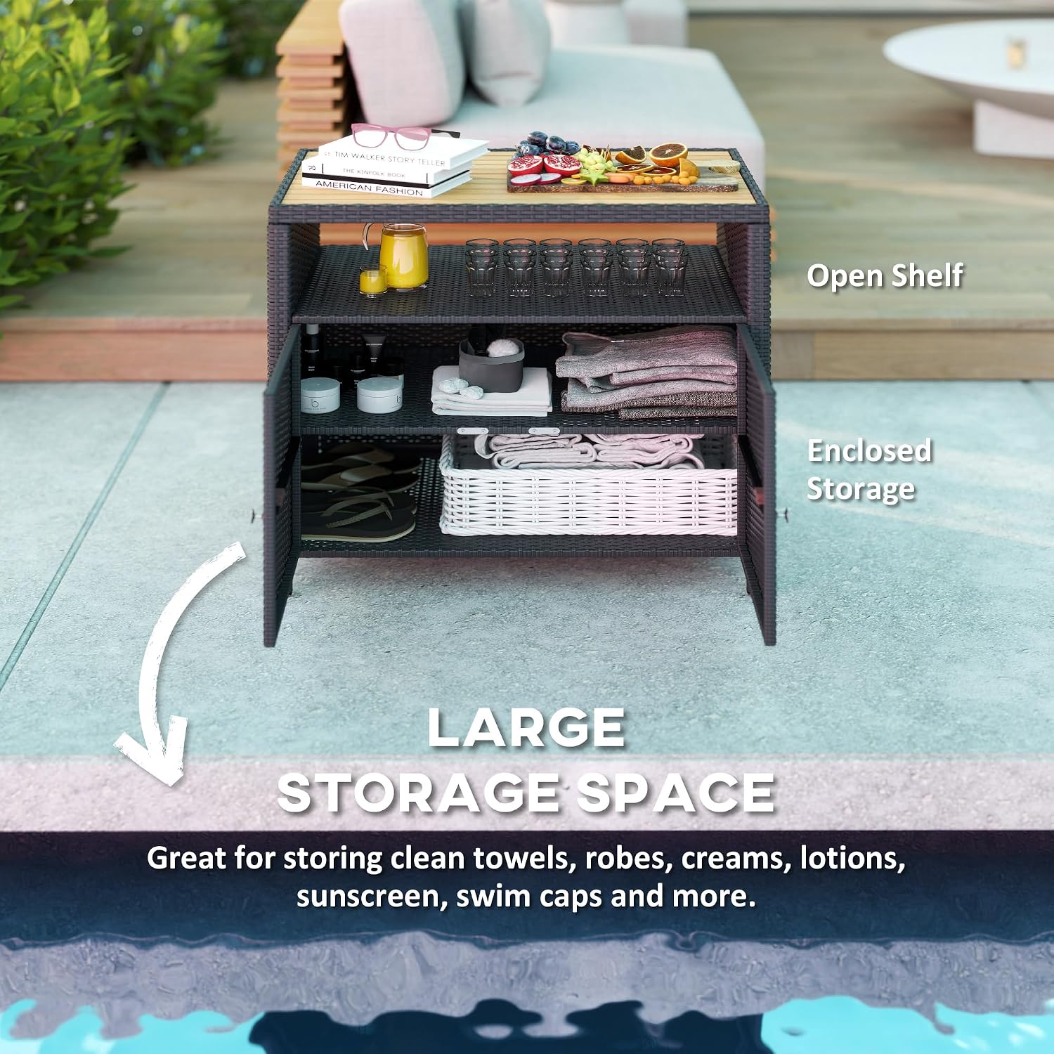 Outsunny Wicker Outdoor Storage Cabinet, Rattan Bar Table with Acacia Wood Countertop, 2 Doors and Shelf, Buffet Cabinet Sideboard for Poolside, Garden, Patio, Backyard, Black