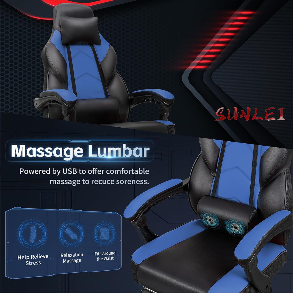 SUNLEI Gaming Chair for Adults, Ergonomic PU Leather Office Chair with Headrest & Footrest, Video Game Chairs with Massage Lumbar Support, Height Adjustable Computer Chair with 360° Swivel, Blue