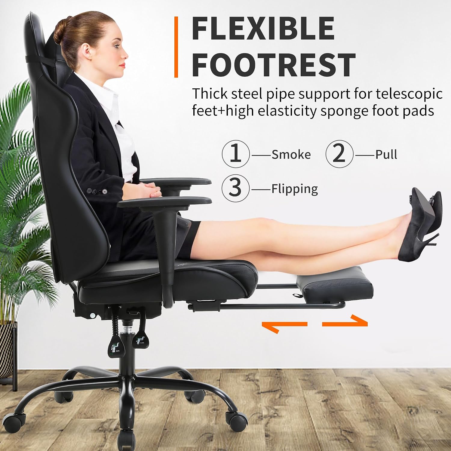 BestOffice Ergonomic Desk Executive PU Leather Computer Lumbar Support with Footrest Modern Task Rolling Swivel Racing Chair for Women&Men, Black