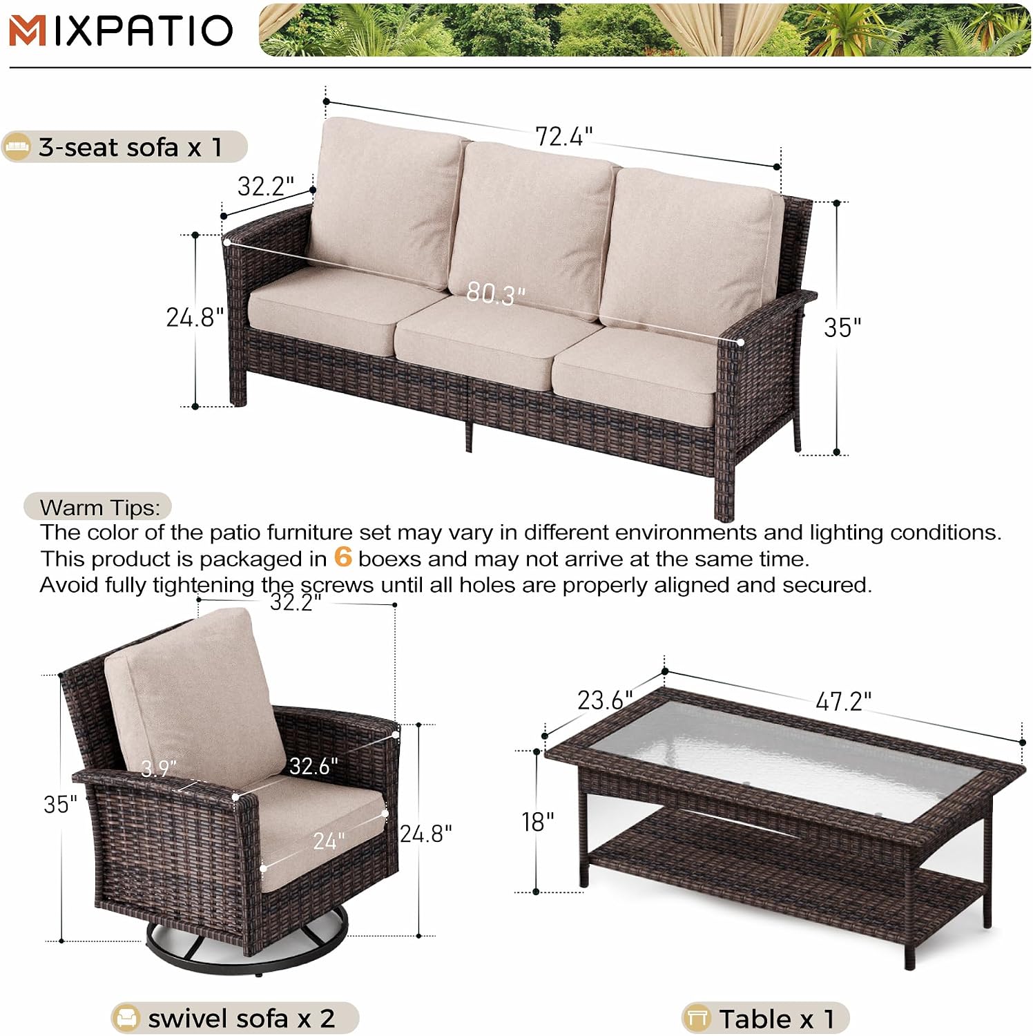 MIXPATIO 4-Piece Wicker Patio Furniture Set with Swivel Chairs, High Back Outdoor Sofa with 5.5-inch Thick Cushion, All-Weather Patio Table and Chairs Set for Deck Yard Pool, Beige