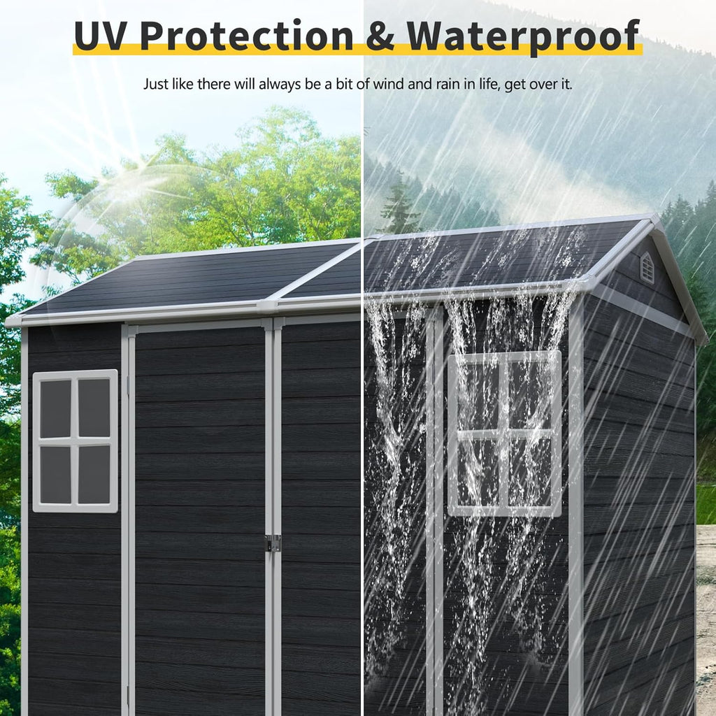 8x6 FT Resin Storage Sheds Outdoor with Floor, 2 Windows & Lockable Door Storage Shed - Waterproof Garden Tool Shed, Patio & Backyard Tool Storage Cabinet Use - Black