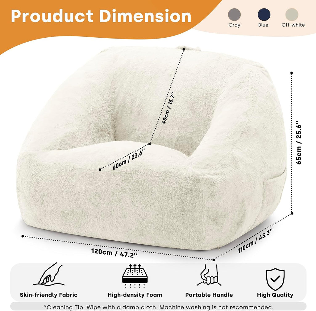 COSIEST Large Bean Bag Chair for Adults, Giant Bean Bag Couch with Armrests & Side Pocket, L-Shaped Faux Fur Beanbag Lounge Sofa Chair, Comfy Floor Sofa for Bedroom Living Room Reading, Cream White