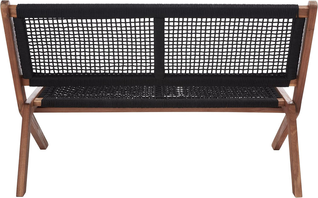 SAFAVIEH Outdoor - Kobina Folding Bench - Natural & Black - Solid Wood and Rope - Modern Sculpted Folding Design - Ideal for Patio, Deck, Porch, Backyard, 13.8' Seat Height (PAT7304E)
