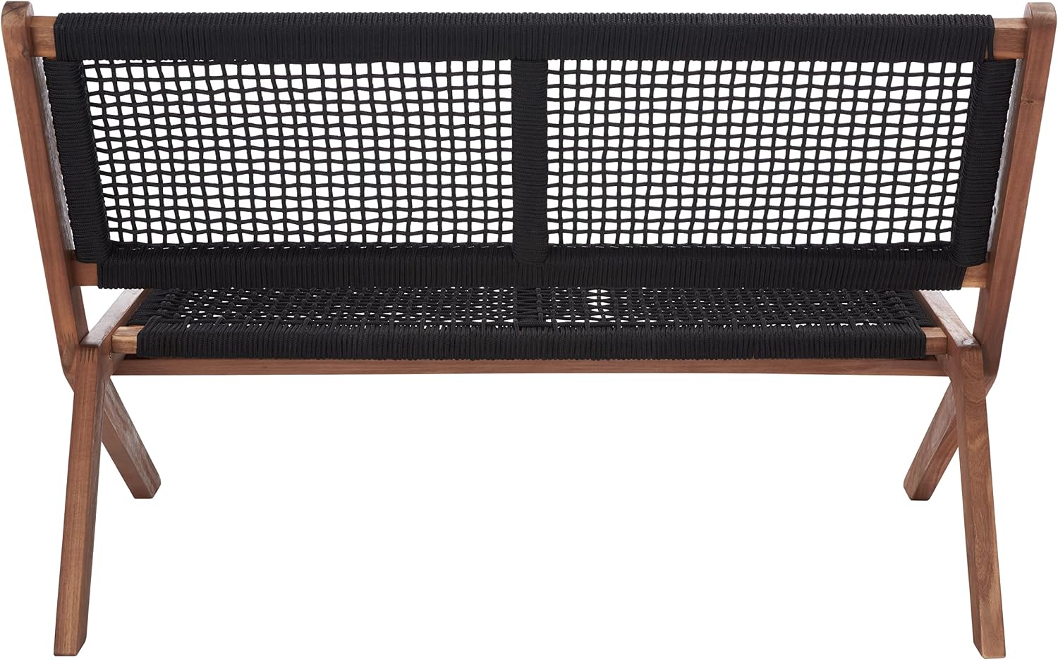SAFAVIEH Outdoor - Kobina Folding Bench - Natural & Black - Solid Wood and Rope - Modern Sculpted Folding Design - Ideal for Patio, Deck, Porch, Backyard, 13.8' Seat Height (PAT7304E)