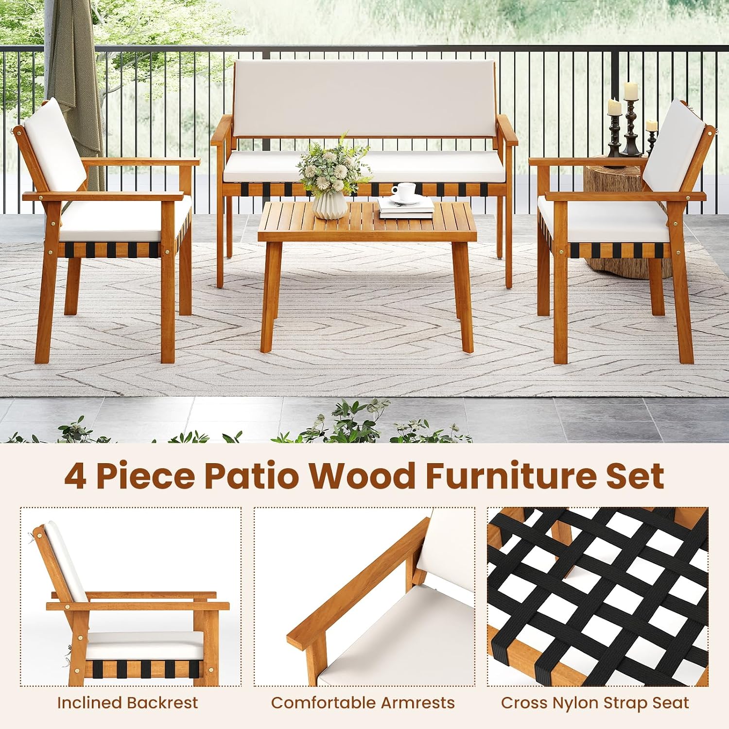 Tangkula Acacia Wood Patio Furniture Set, 4 Piece Thick Cushioned Outdoor Conversation Set with 800lbs Capacity Loveseat, 2 Armchairs and Coffee Table, for Backyard, Garden, Deck