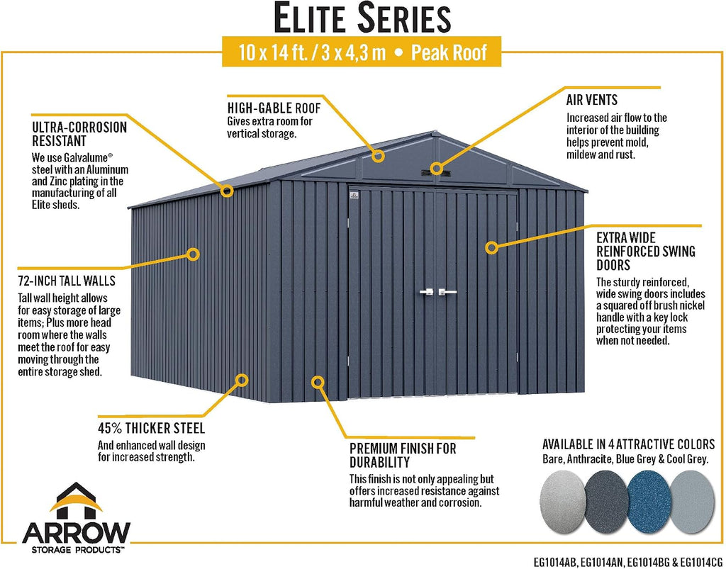 Arrow Shed Elite 10' x 14' Tall Outdoor Steel Storage Shed with High Gable and Lockable Doors Storage Building, Cool Grey