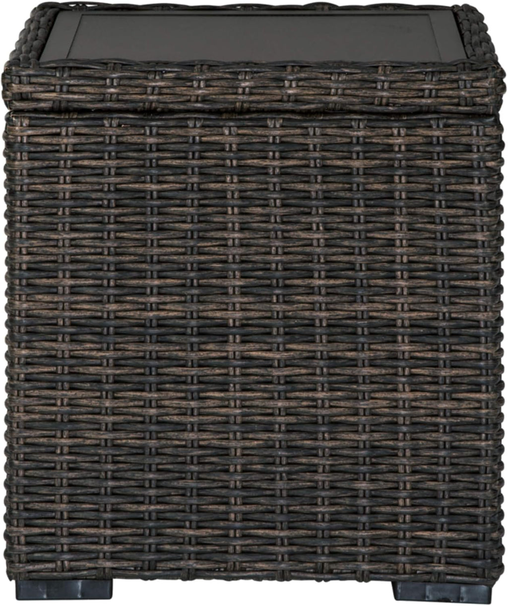 Signature Design by Ashley Grasson Lane Outdoor Rattan Square End Table with Storage, All-Weather Resin Wicker Handwoven Over Durable Aluminum Frame, Aluminum Tabletop and Shelf, 22.25' High, Brown