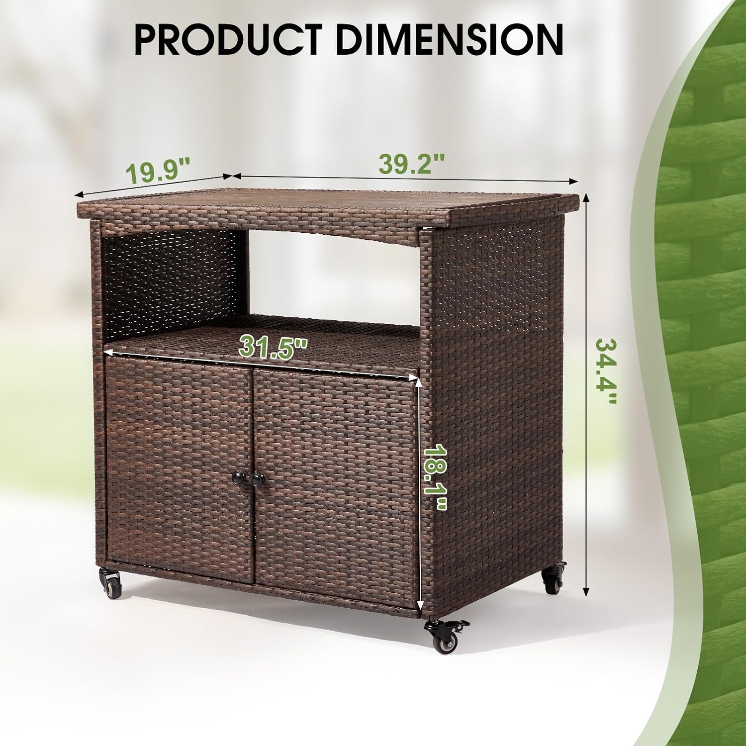 Outvita Patio Bar Table, Weatherproof Buffet Cabinet Wicker Outdoor Storage Cart with 2 Doors & Shelves Wooden Tabletop for Tableware Wine Bottle and Glass, Towels, and Potting Supplies
