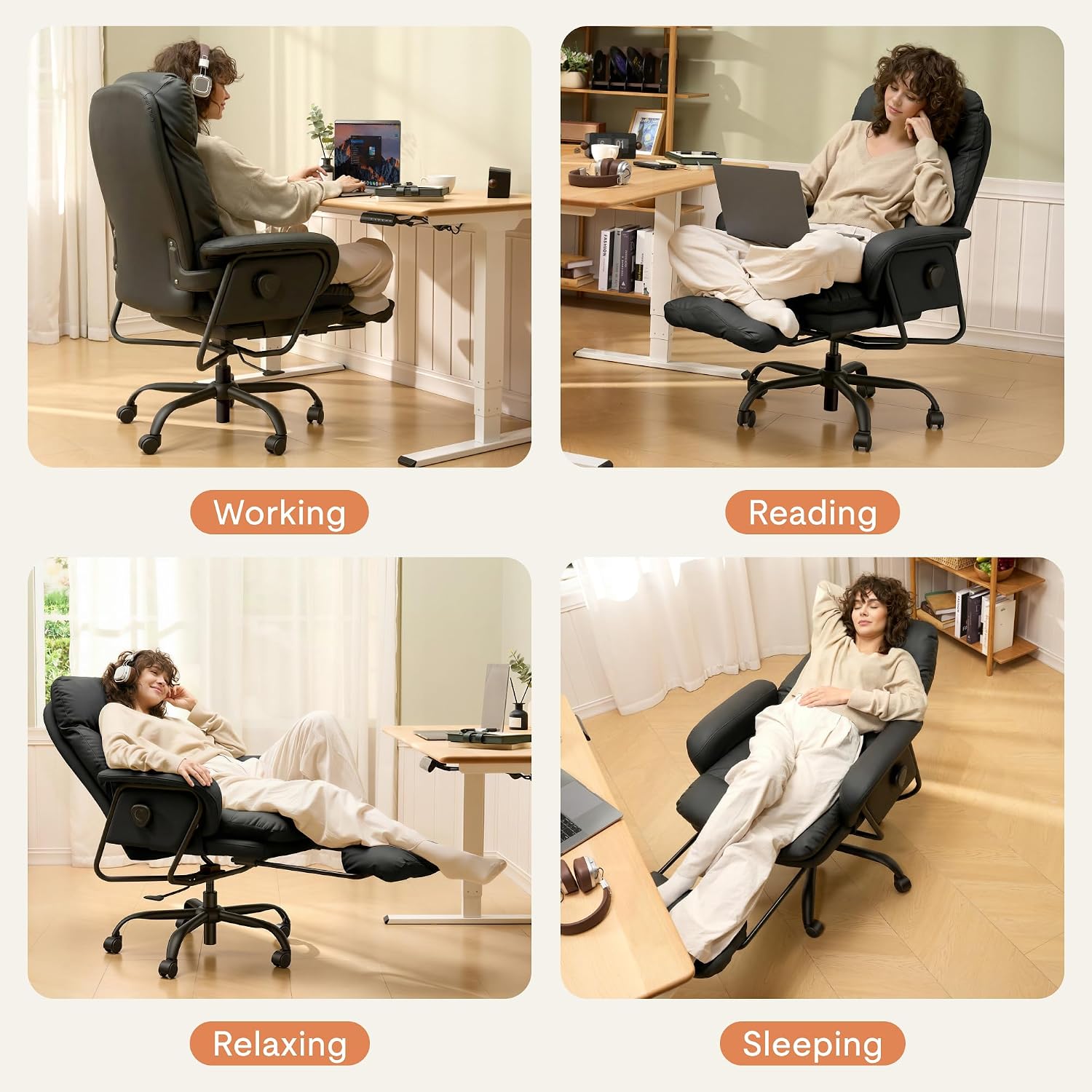 FLEXISPOT Ergonomic Office Chair with Footrest 90-165° Reclining High Back Desk Chairs Indoor Lounge Chair with Wheels Lumbar Support Pillow, Chairs for Working Relaxing Cross Legged, Leather, Black