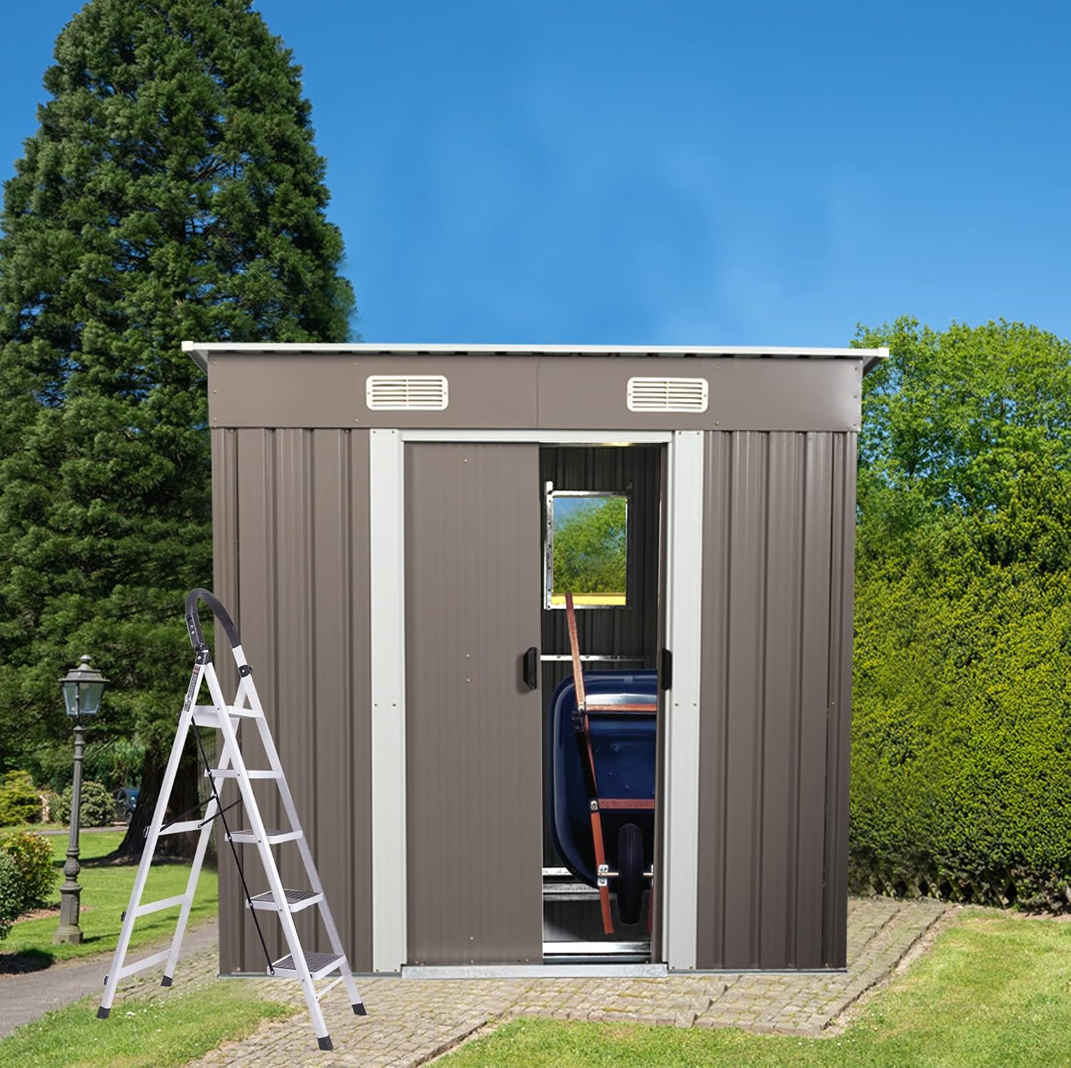 JT 6.4X4FT Outdoor Storage Shed with Metal Foundation, Sliding Doors and Window,Waterproof Tool Storage Shed for Patio Lawn Backyard (Gray-with The Window-6.4ftx4ft)