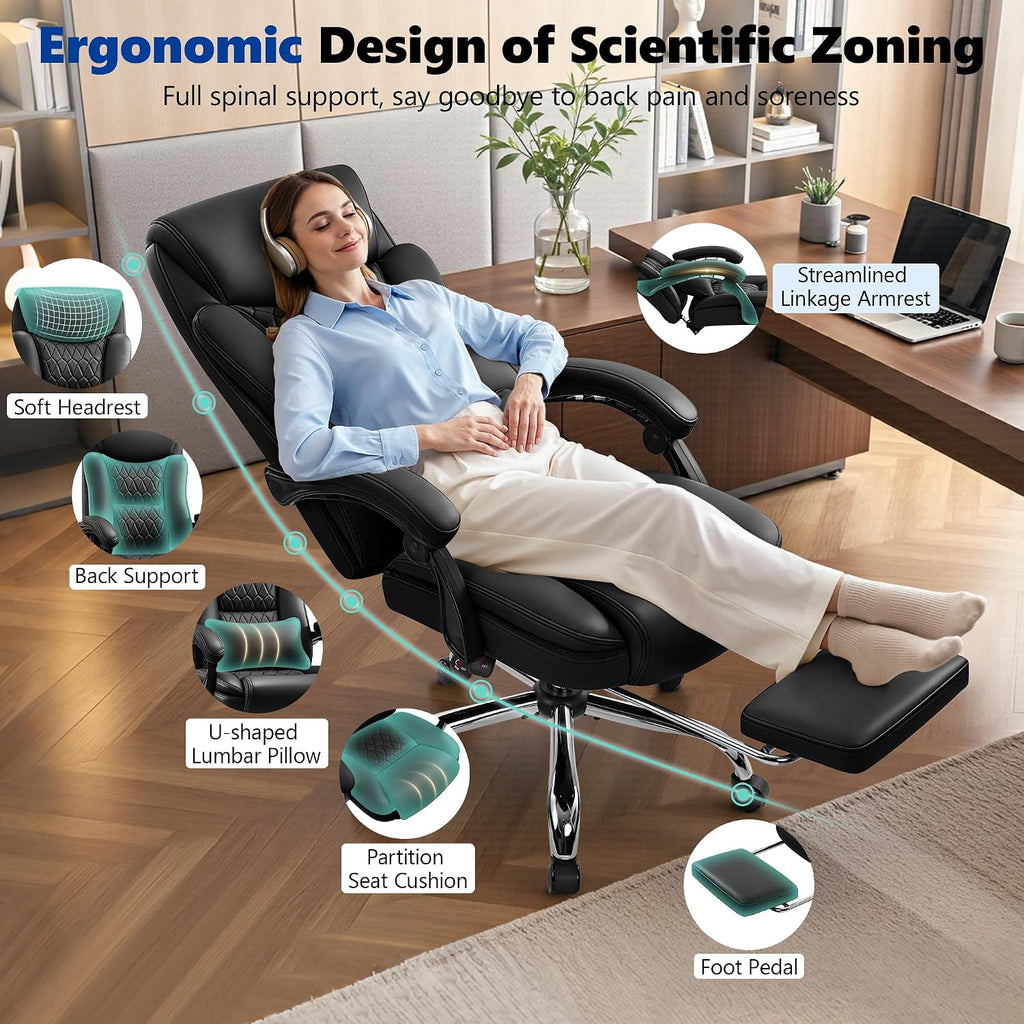 Big and Tall Office Chair 400lbs - Wide Memory Foam Seat with Spring Pack, Reclining Executive Desk Chair with Footrest, Ergonomic Heavy Duty High Back Computer Chair, Black