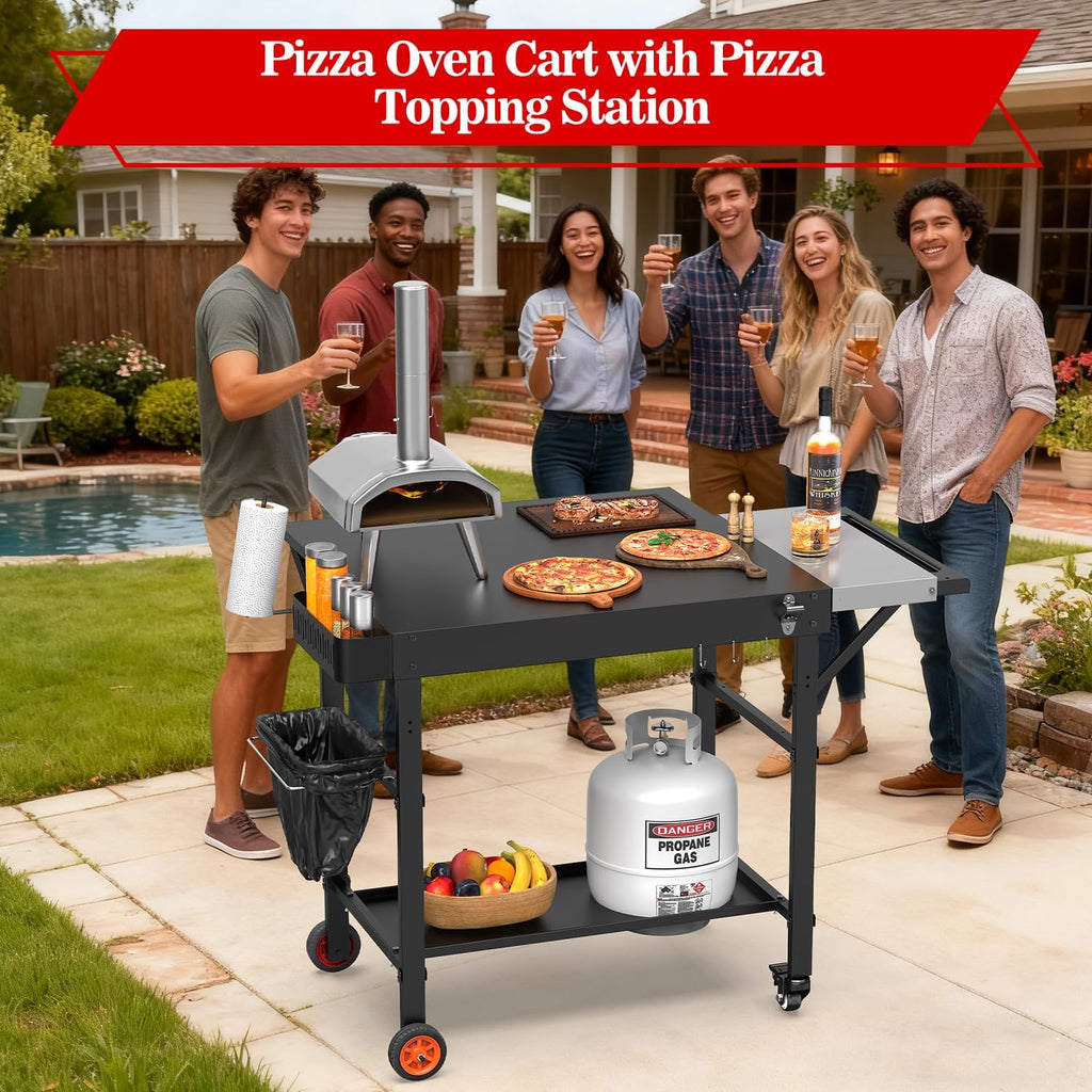 Grill Table for Pizza Ovens, Ninja Pizza Oven Table with Extendable Desk, Durable Outdoor Grill Cart Stand with Food Prep Topping Station for Patio, Backyard,43' L × 27' W