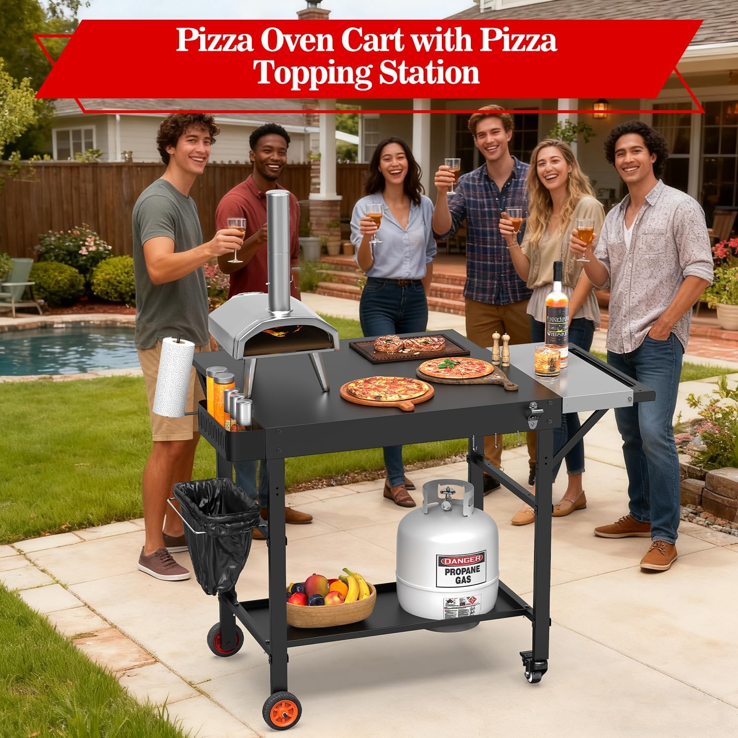 Grill Table for Pizza Ovens, Ninja Pizza Oven Table with Extendable Desk, Durable Outdoor Grill Cart Stand with Food Prep Topping Station for Patio, Backyard,43' L × 27' W