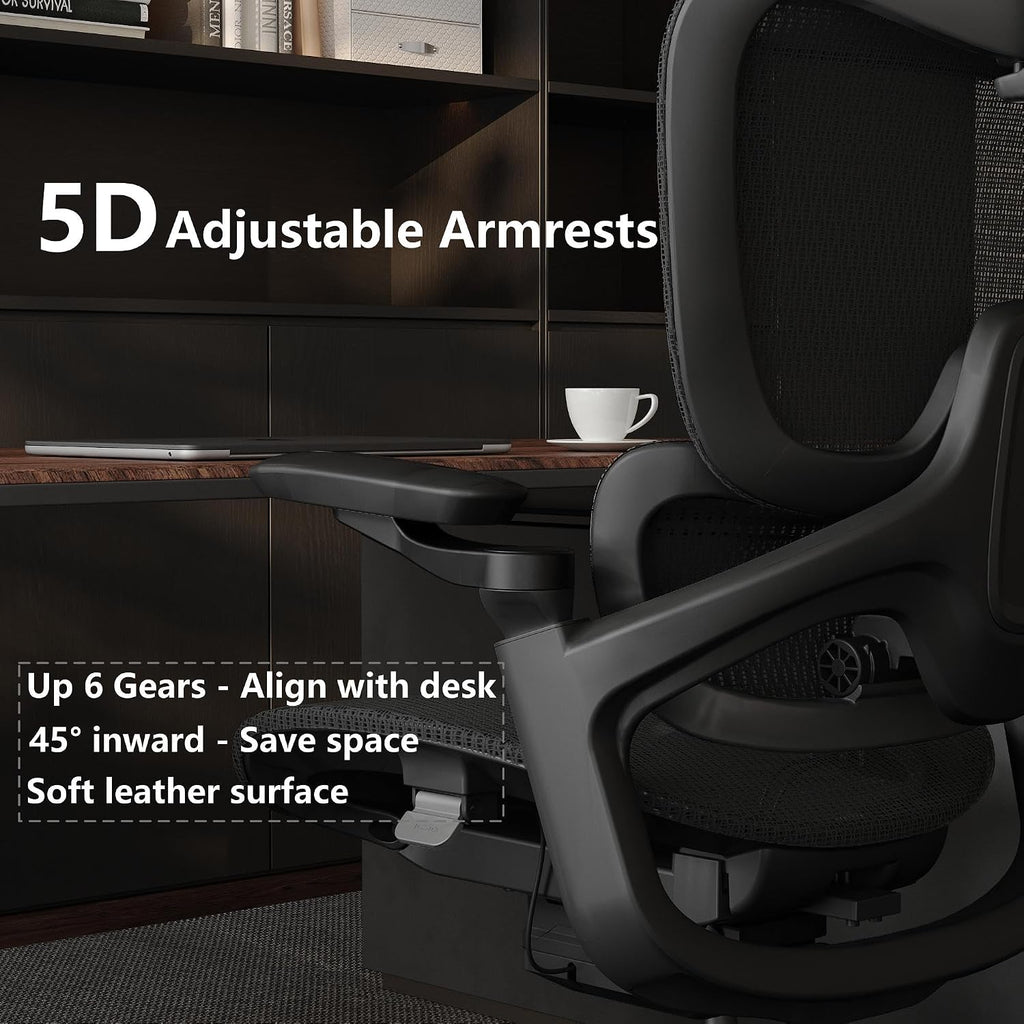Ergonomic Office Chair, Big and Tall Home Desk Chair with Adjustable 3D Lumbar Support, 5D Armrest, 4D armrests, Mesh Computer Chair,90-130°Tilt, Model Zen (All Black)