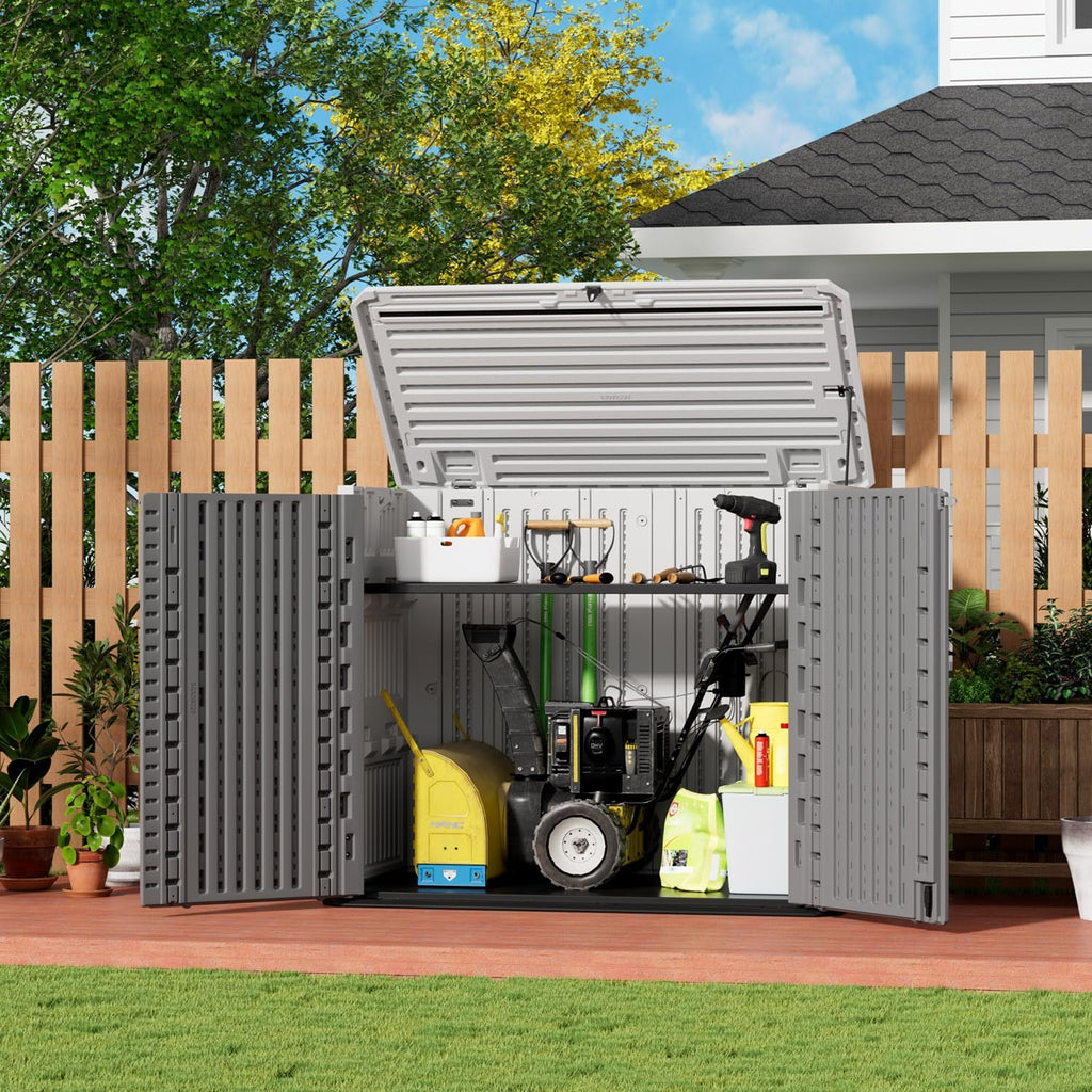 ZZM Outdoor Storage Shed Diamond Texture 4x3FT Horizontal Shed | 34 Cu.Ft Waterproof Resin Cabinet with Double-Wall | UV-Resistant & Lockable for Garden Tools, Bikes, Patio Furniture (Grey-White)