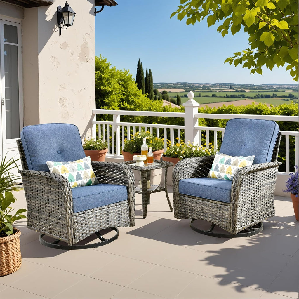 CAODOC 3-Piece Swivel Rocking Rattan Chair Outdoor, Patio Bistro Furniture Conversation Set, Wicker Chair with Coffee Table Blue
