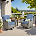CAODOC 3-Piece Swivel Rocking Rattan Chair Outdoor, Patio Bistro Furniture Conversation Set, Wicker Chair with Coffee Table Blue