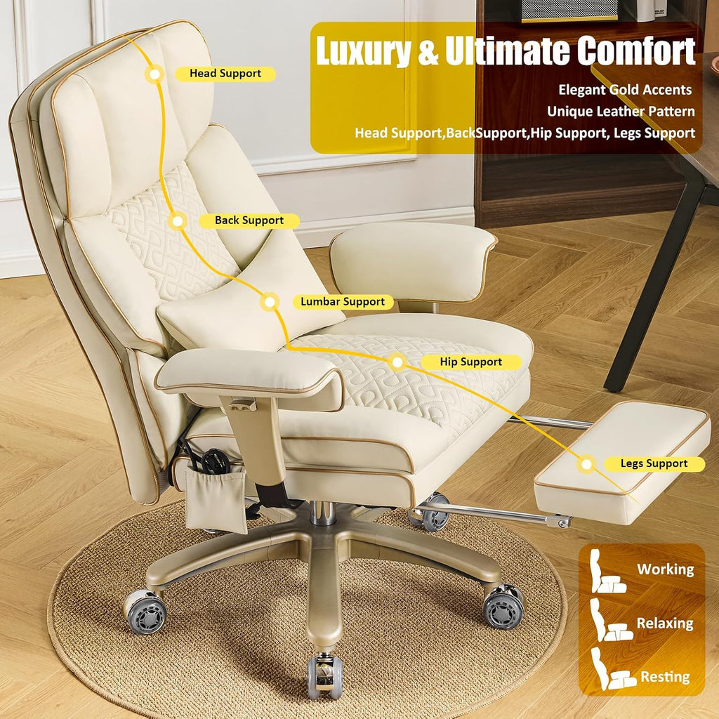 Leather Office Chair with Footrest, High-Back Executive Office Chair with Adjustable Lumbar Support, Luxury Desk Chair with Silent Wheels Rocking 360° Swivel, Height Adjustment,Beige