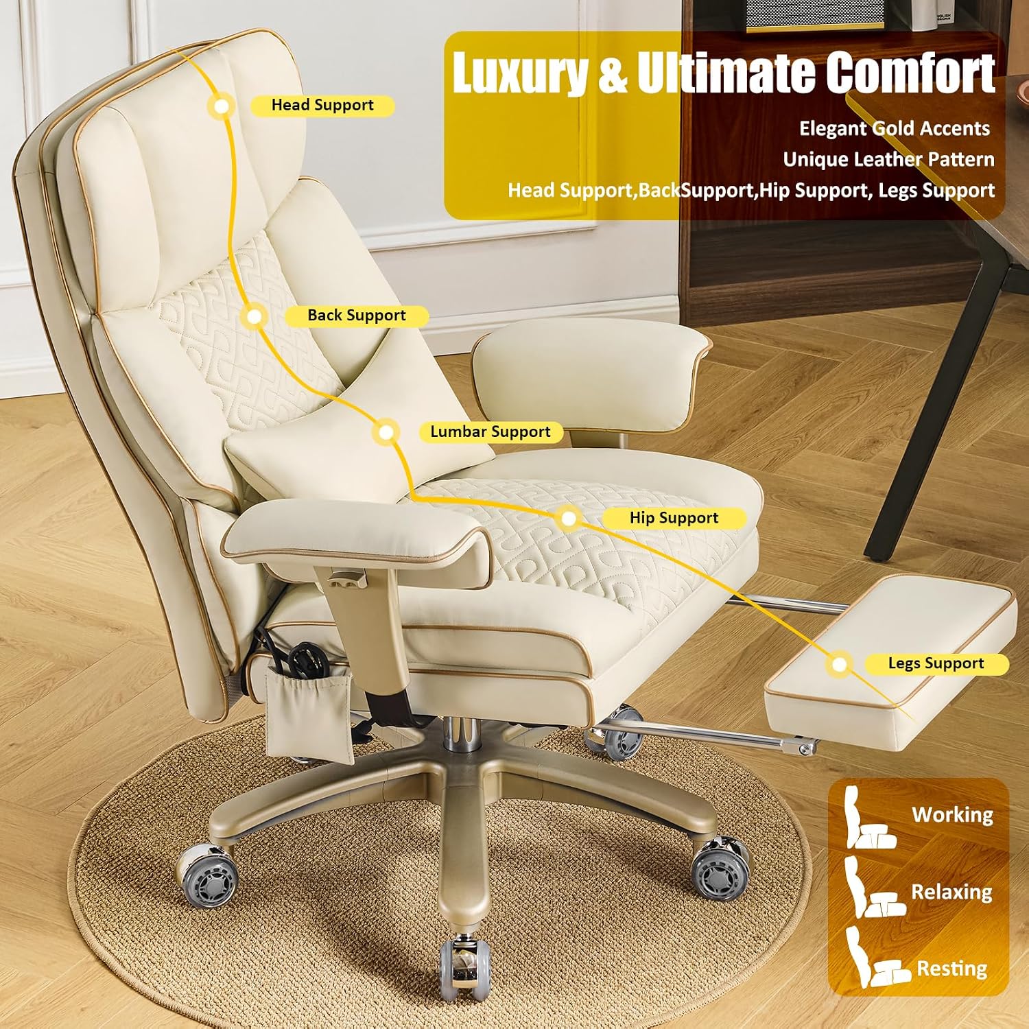 Leather Office Chair with Footrest, High-Back Executive Office Chair with Adjustable Lumbar Support, Luxury Desk Chair with Silent Wheels Rocking 360° Swivel, Height Adjustment,Beige