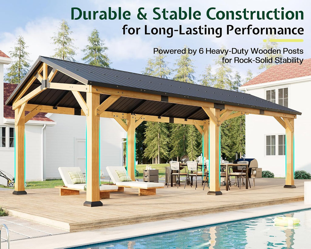 Jocisland 12' x 24' Cedar Wood Hardtop Gazebo with Galvanized Steel Roof, Waterproof Outdoor Gazebo Pavilion, Heavy-Duty Snow & Wind Resistant Carport for Patio, Driveway, Garden