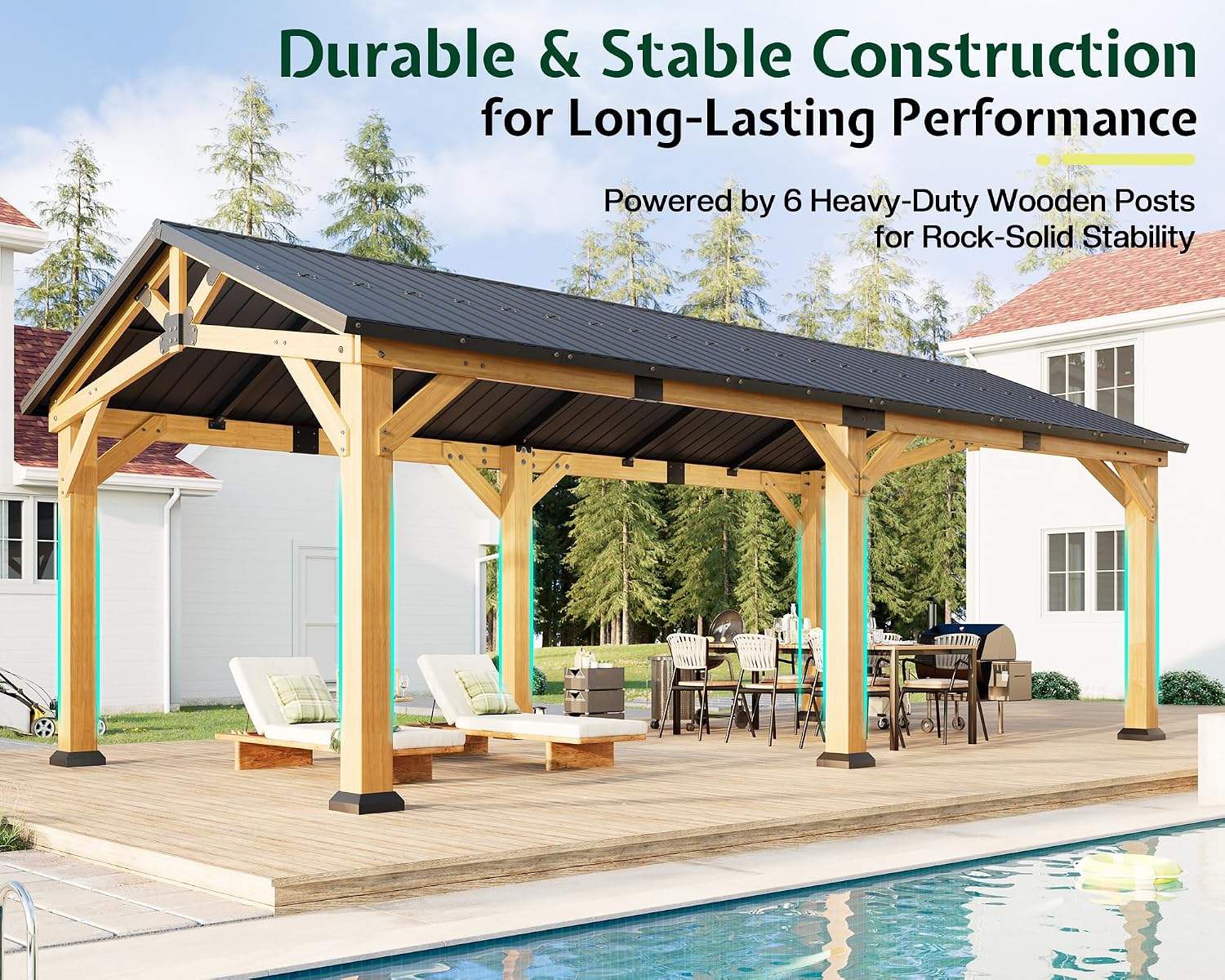 Jocisland 12' x 24' Cedar Wood Hardtop Gazebo with Galvanized Steel Roof, Waterproof Outdoor Gazebo Pavilion, Heavy-Duty Snow & Wind Resistant Carport for Patio, Driveway, Garden