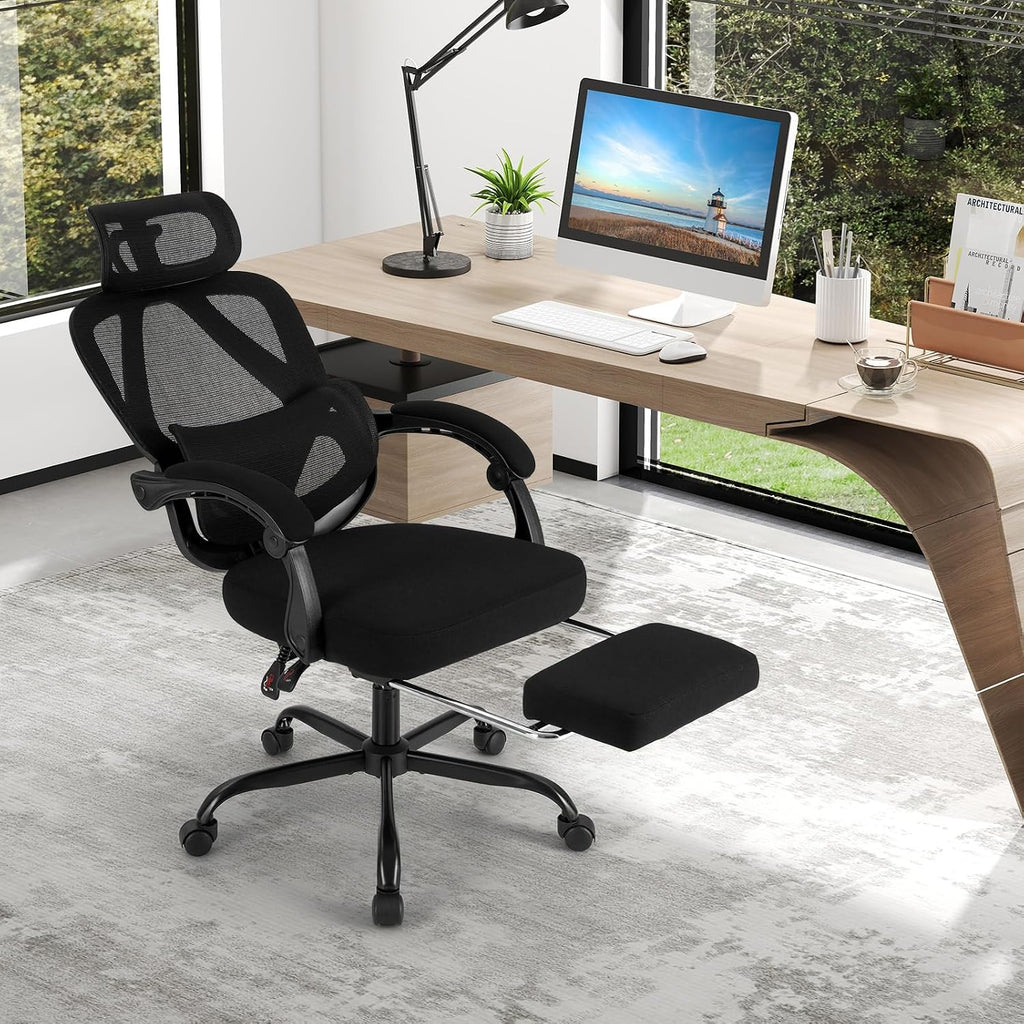 Giantex Mesh Office Chair, Ergonomic Desk Chair with Retractable Footrest, 135° Tilting Backrest, Adjustable Headrest & Lumbar Support, Padded Armrest, Computer Chair with High Back for Home Office