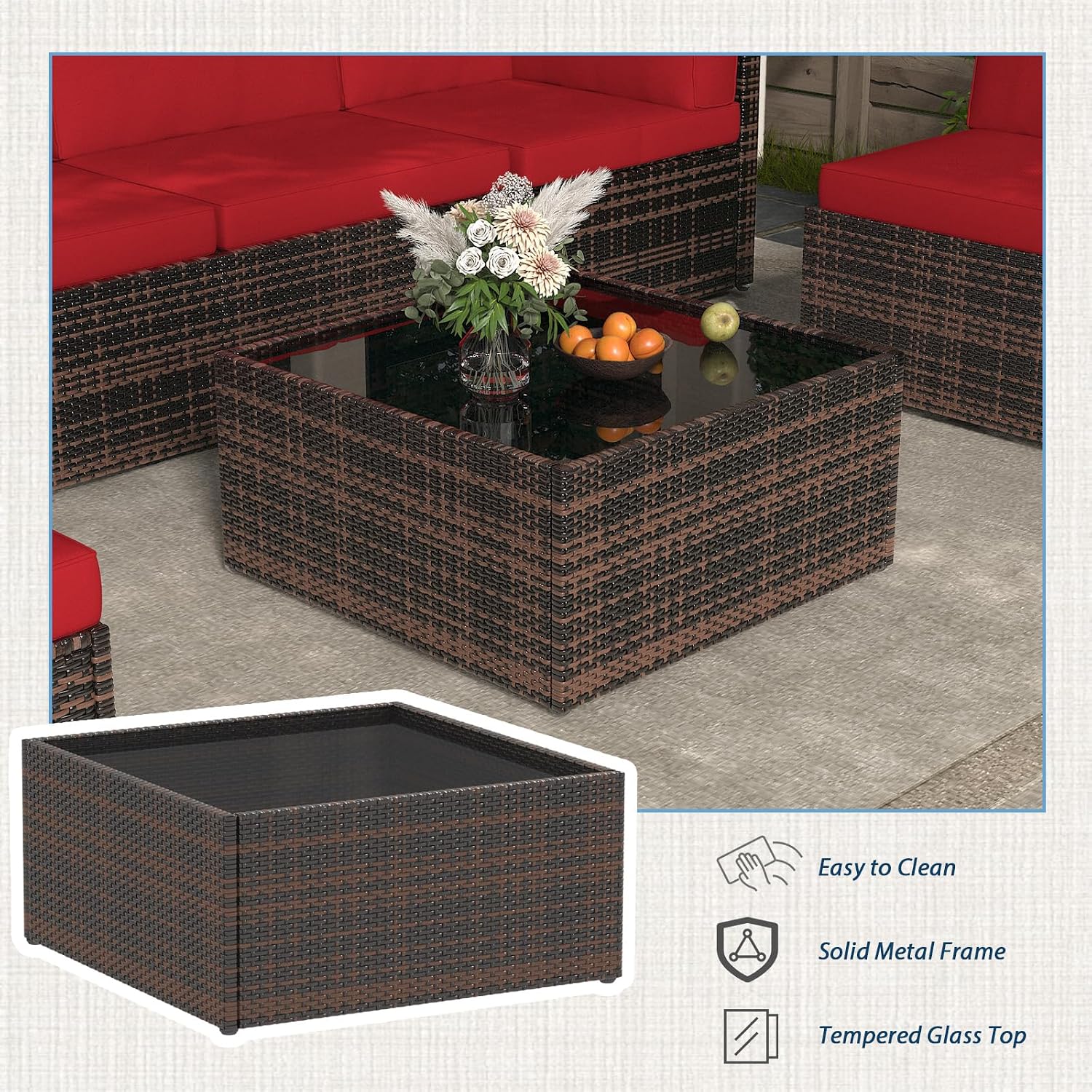 AECOJOY 7 Piece Outdoor Patio Furniture Set, Outdoor Sectional Conversation Furniture Chair with Coffee Table,Patio Sectional for Garden,Backyard(Red Cushions and Brown PE Rattan)