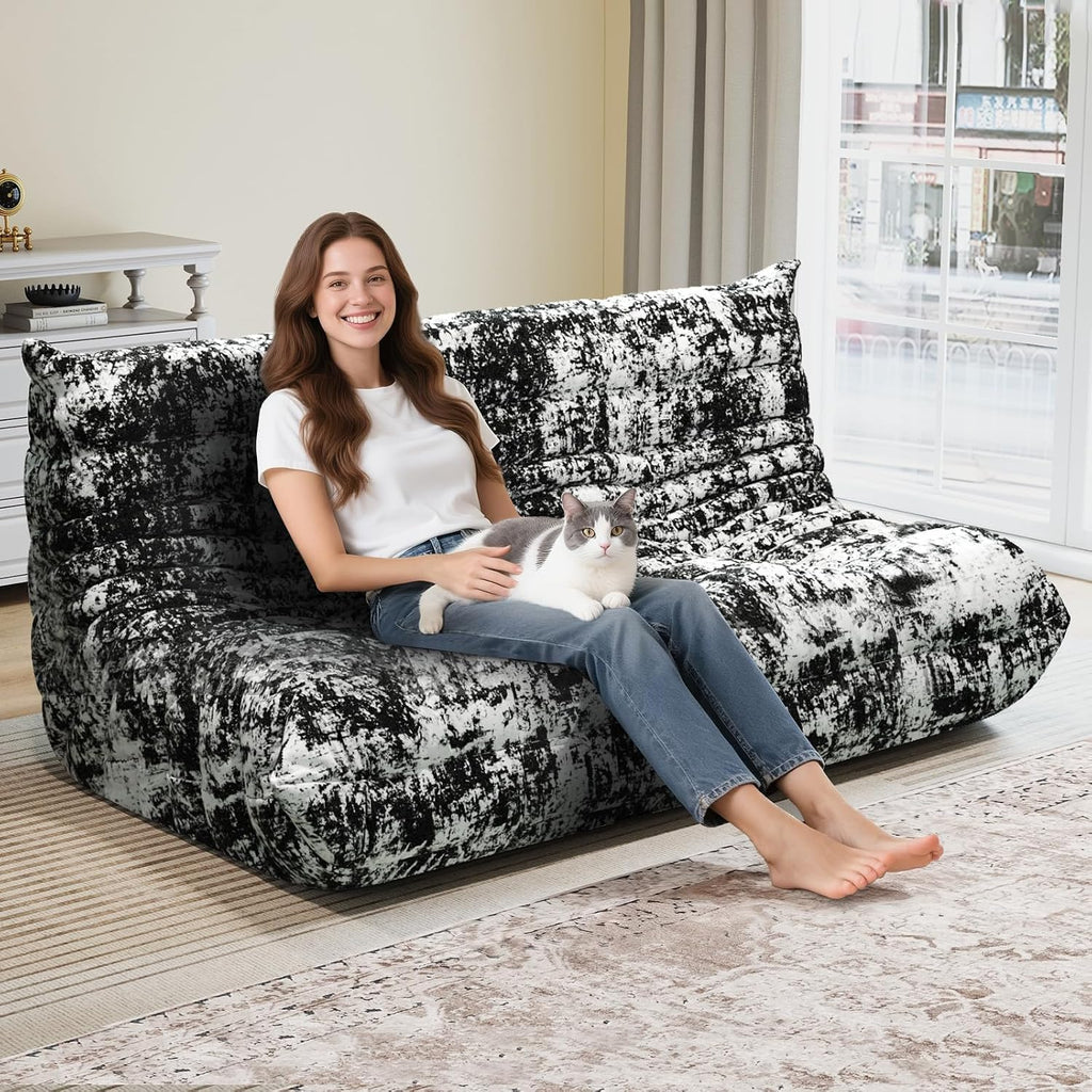 3 Seat Oversized Bean Bag Chairs for Adults, Memory Foam Fireside Beanbag Couch, Comfy Bean Bag Lounger Lazy Sofa for Living Room, Bedroom, Playroom, Black Multi