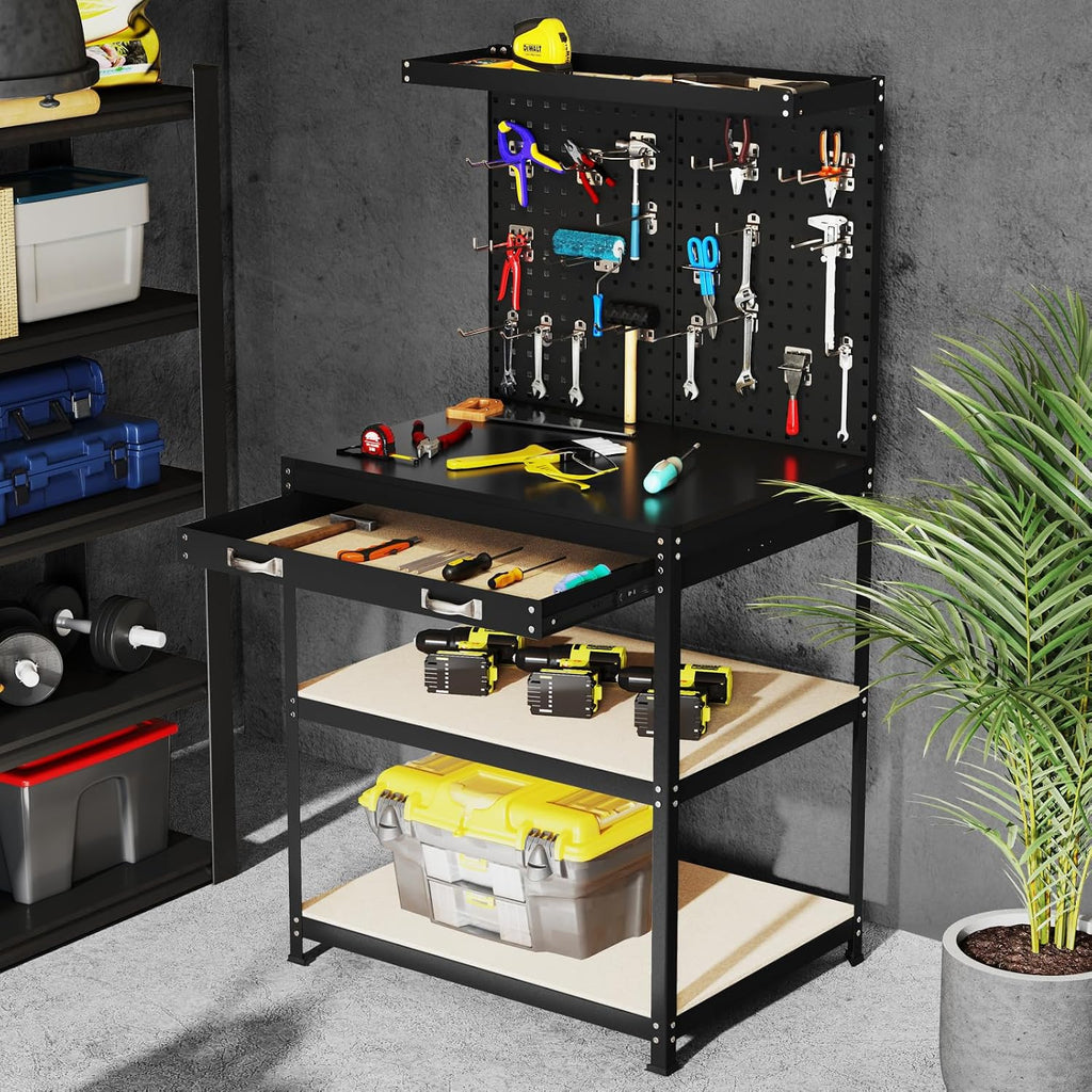 Goplus Workbench with Drawer, 32' x 16' Heavy-Duty Work Table with 2 PCS Pegboard & 4 Shelves, 19 Hanging Hooks, 495LBS Capacity, Metal Tool Storage Work Bench for Garage, Workshop, Home