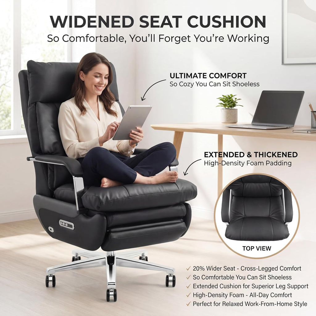 Dual Motor Executive Office Chair with Footrest, 170° Reclining Wide Seat Ergonomic Leather Desk Chair, One-Touch Reset, 450LBS Big and Tall for Home&Office (Black)