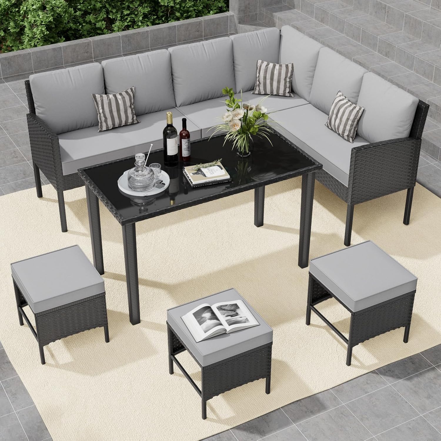 7-Piece Outdoor Patio Furniture Set, Wicker Sectional Sofa with Seat & Back Cushions & 3 Pillows, All-Weather Conversation Set with Long Glass Coffee Table for Garden, Porch, Lawn, Gray