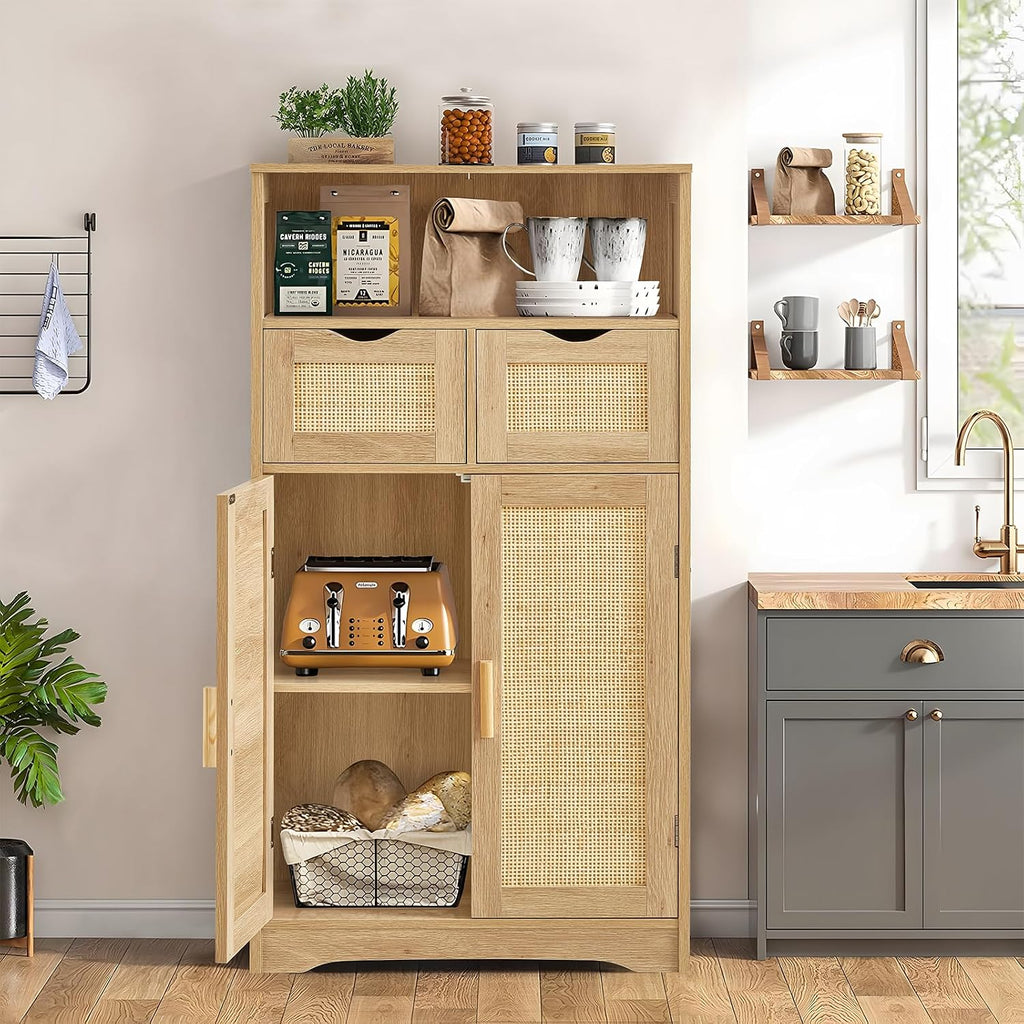 Iwell Storage Cabinet with 2 Drawers & Adjustable Shelves, Rattan Cabinet, Kitchen Pantry Cabinets, Cupboard for Living Room, Kitchen, Home Office, Natural SNG008NR