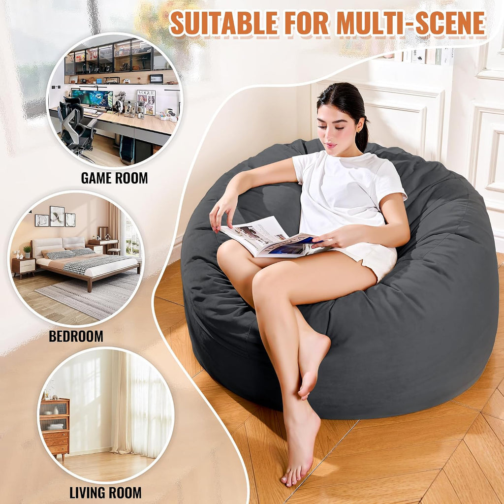 4FT Bean Bag Chair, Bean Bag Chairs for Adults and Kids, Fluffy and Comfy Bean Bag with Velvet Cover, Bean Bag with Memory Foam Filled for Gaming, Living Room, Playroom (Black - Taller version)