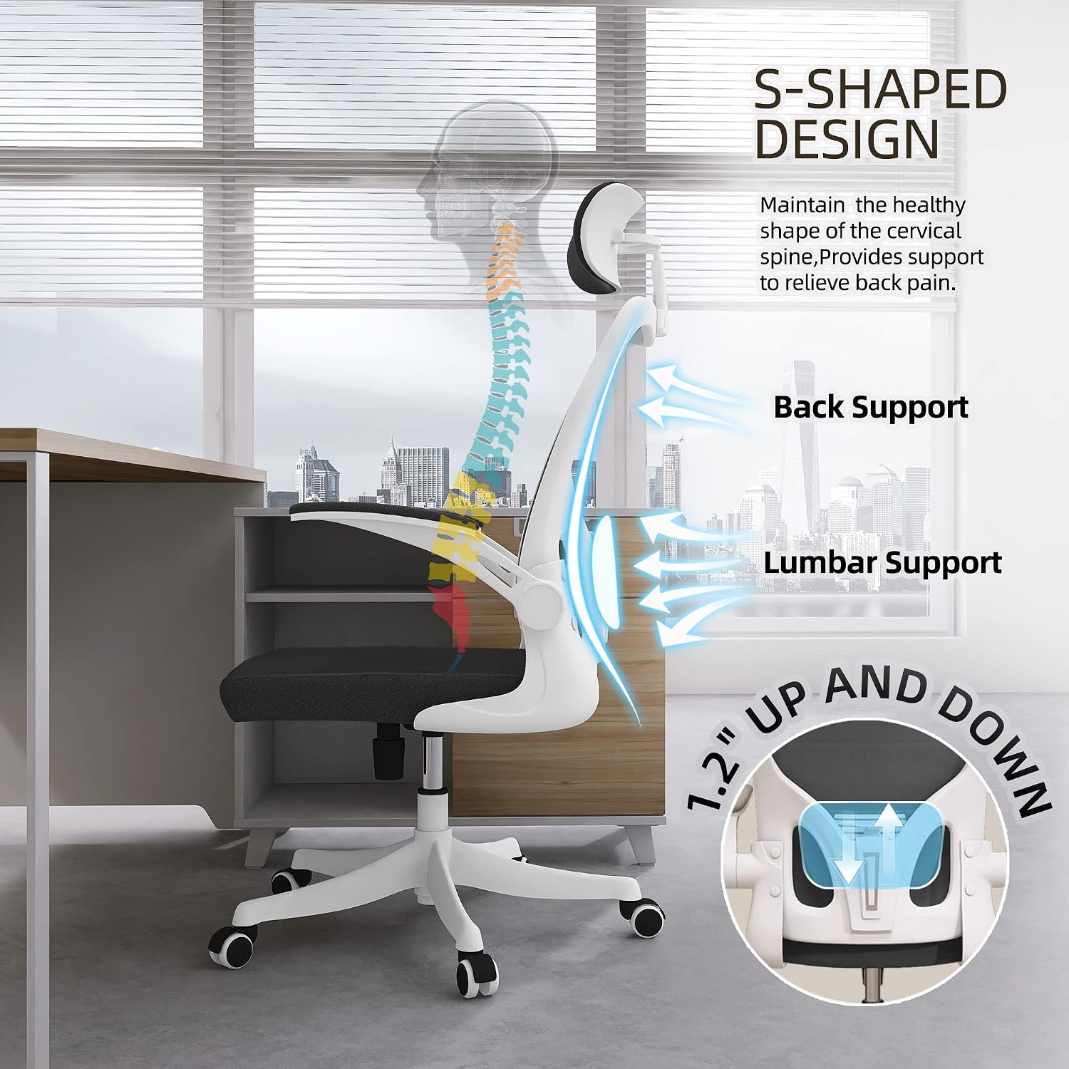 Monhey Office Chair, Ergonomic Office Chair with Lumbar Support & 3D Headrest & Flip Up Arms Home Office Desk Chairs Rockable Computer Chair Multi-Angle from 90° to 130° with 350LBS CapacityChair
