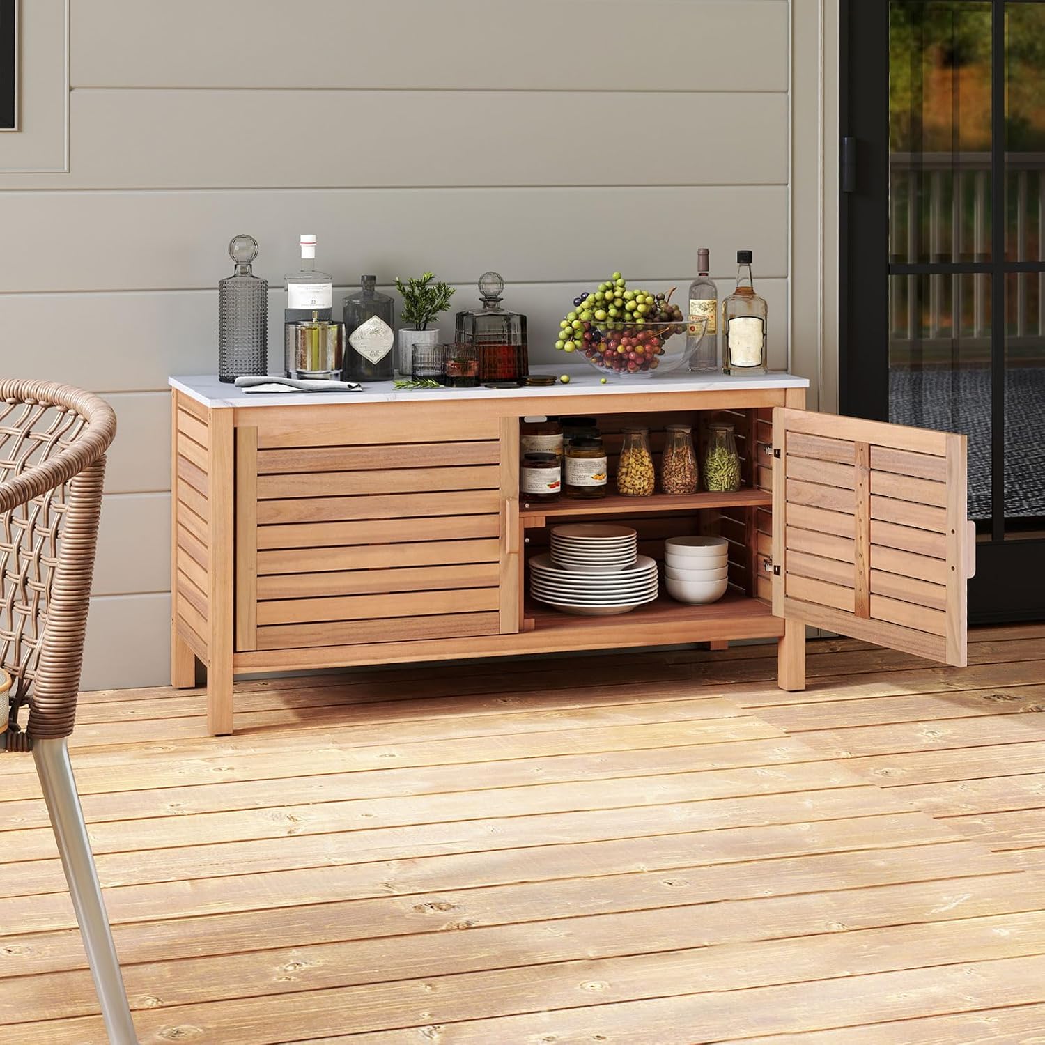Goplus Patio Storage Cabinet, 2-Door Acacia Wood Console Table with Faux Marble Top, Outdoor Wooden Sideboard for Deck, Garden, Backyard & Entryway