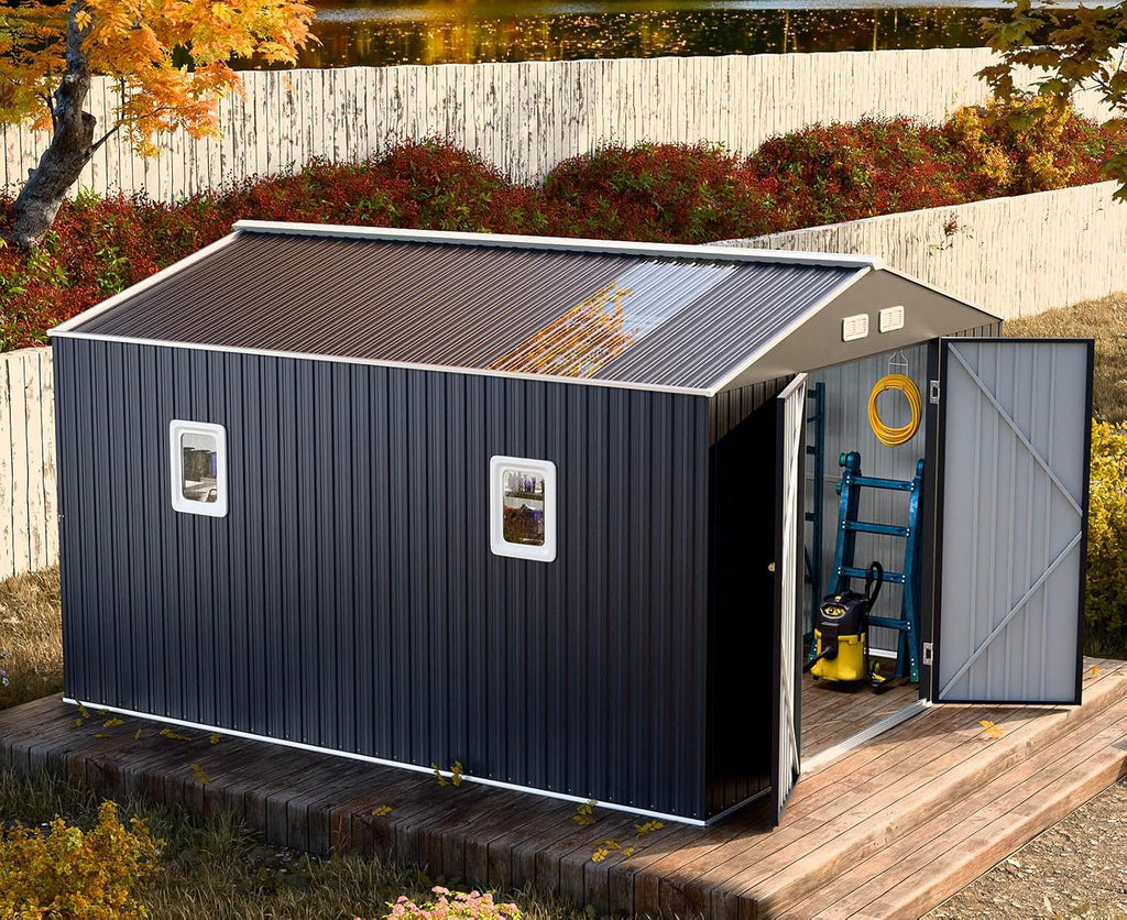 Restland 10x10 FT Outdoor Storage Shed Reinforced Frame Metal Shed with Clear Roof, Air Vent & Lockable Door Large Garden Tool Storage Sheds for Backyard, Garden, Lawn