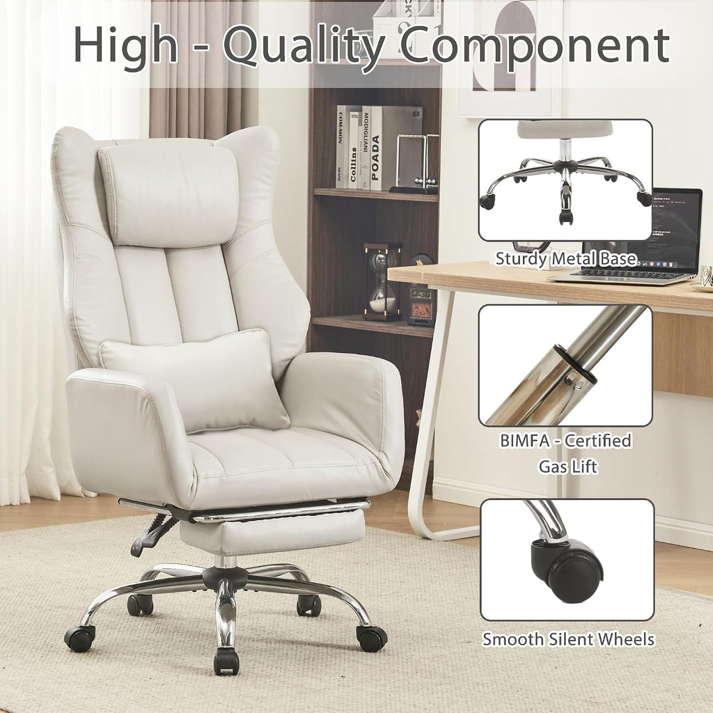Ergonomic Cross Legged Office Chair with Footrest,Leather Big and Tall Executive Chair with Wheels,Reversible Armrest and Lumbar Pillow,155° Reclining Computer Wide Desk Chair for Home,Office (Beige)