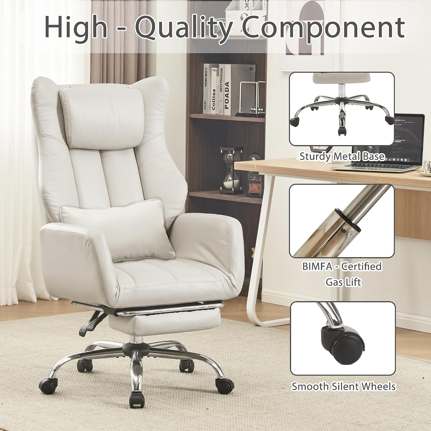 Ergonomic Cross Legged Office Chair with Footrest,Leather Big and Tall Executive Chair with Wheels,Reversible Armrest and Lumbar Pillow,155° Reclining Computer Wide Desk Chair for Home,Office (Beige)