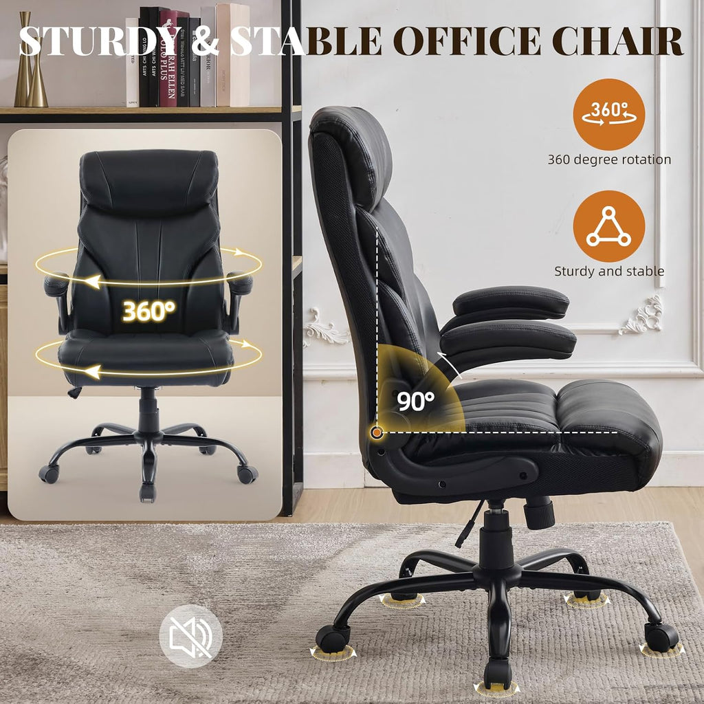 Comfortable Office Desk Chair 500 LBS, Big and Tall Office Chairs with Adjustable Flip-up Armrests,100-118°Recline Executive Leather Gaming Chair for Heavy People, Long Hours,Black