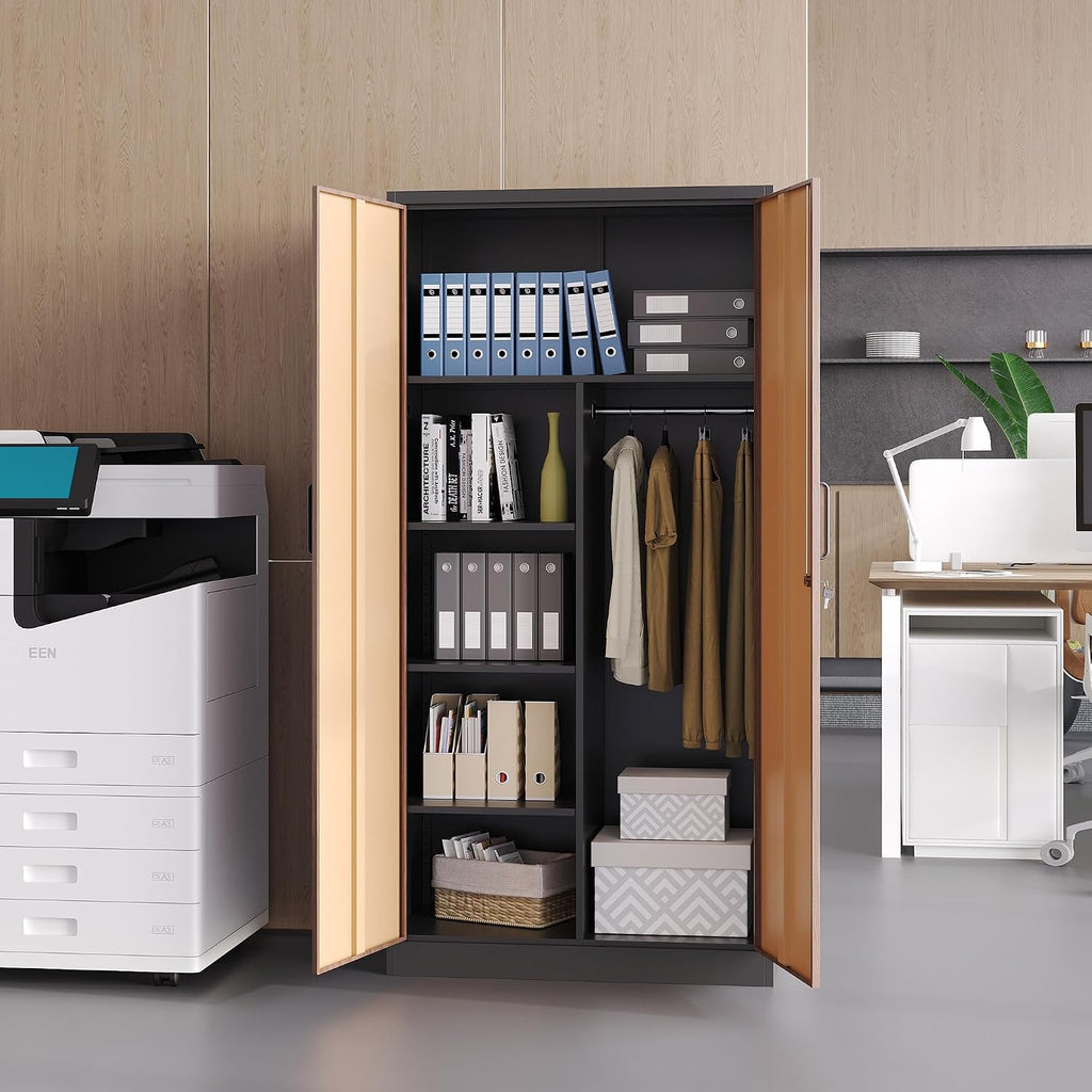 Broom Closet Storage Cabinet with Lock, Metal Garage Storage Cabinet with Doors and Shelves, Steel Wardrobe Cabinet with Hanging Rod, Utility Cabinets Closet for Kitchen, Office, Shop, Warehouse