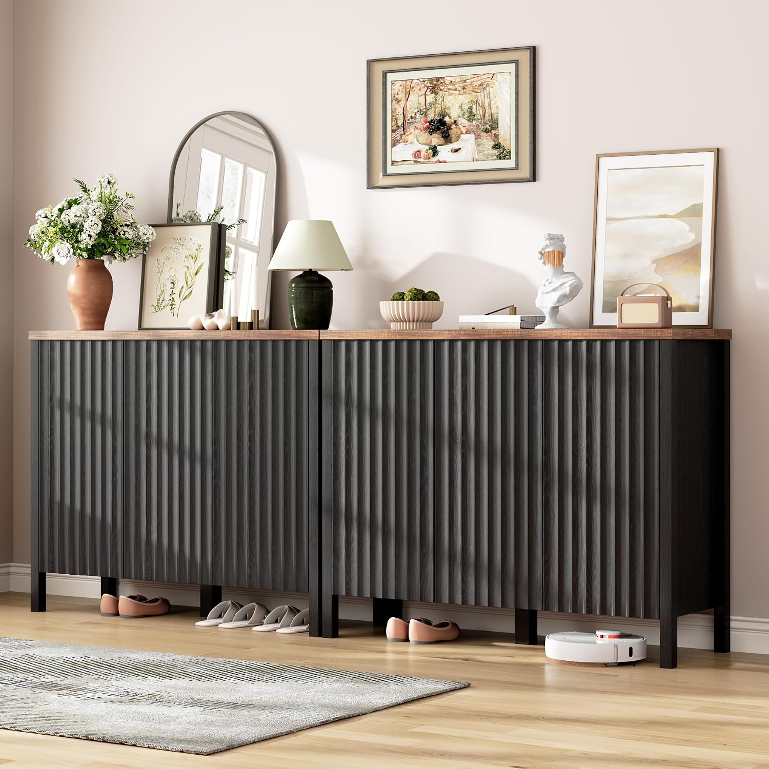 Vlsrka Shoe Cabinet with 3 Doors, Narrow Wooden Shoe Cabinet, Hidden Shoe Storage for Entryway, Foyer, Hallway (Black D)