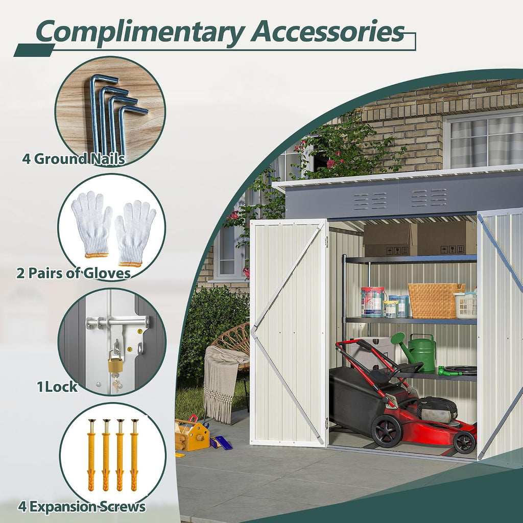 6x4 FT Outdoor Storage Shed, Metal Garden Shed with Frame Floor, Outside Tool Shed with Lockable Hinged Doors, Waterproof Storage Building with Sloped Roof for Backyard, Patio, Lawn, Gray