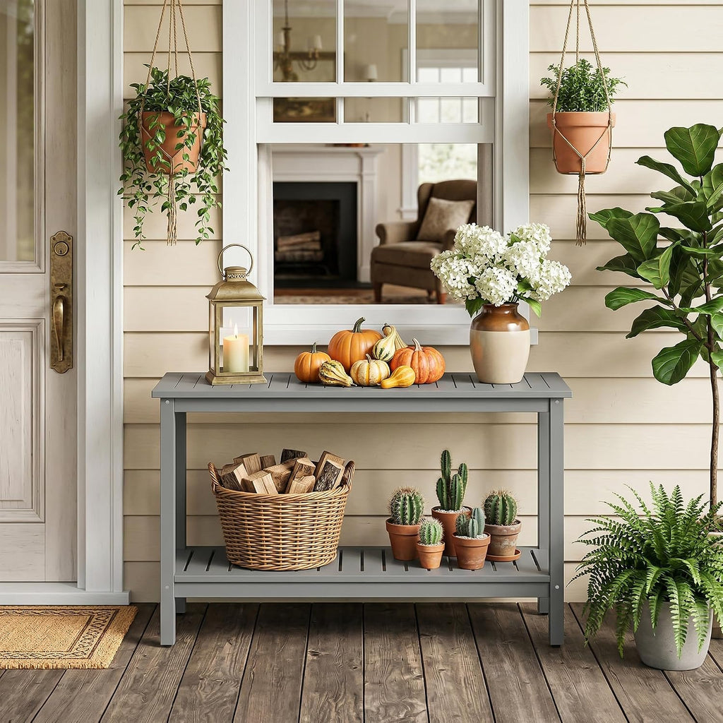 SUPER DEAL 48 inch Outdoor Console Table, 2-Tier Solid Wood Side Table Multifunctional Buffet Bar Storage Organizer with Adjustable Feet for All-Weather Indoor Outdoor Porch, Grey
