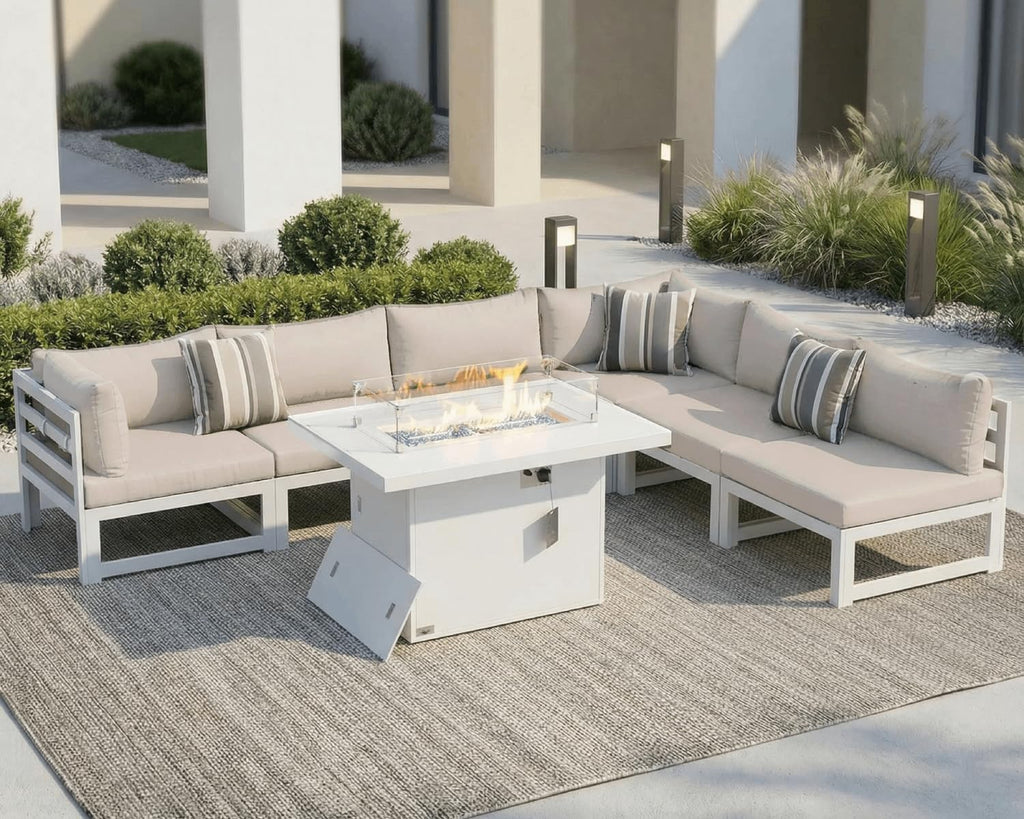 NICESOUL 6 People Large Luxury Aluminum Patio Conversation Set with Fire Pit Table Propane/Gas, 29' Deep Wide U Shaped Sectional Couch, 500 lbs Heavy Duty All Weather Outdoor Sofa for Backyard, Beige