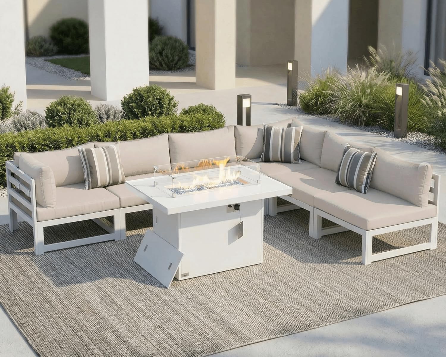 NICESOUL 6 People Large Luxury Aluminum Patio Conversation Set with Fire Pit Table Propane/Gas, 29' Deep Wide U Shaped Sectional Couch, 500 lbs Heavy Duty All Weather Outdoor Sofa for Backyard, Beige