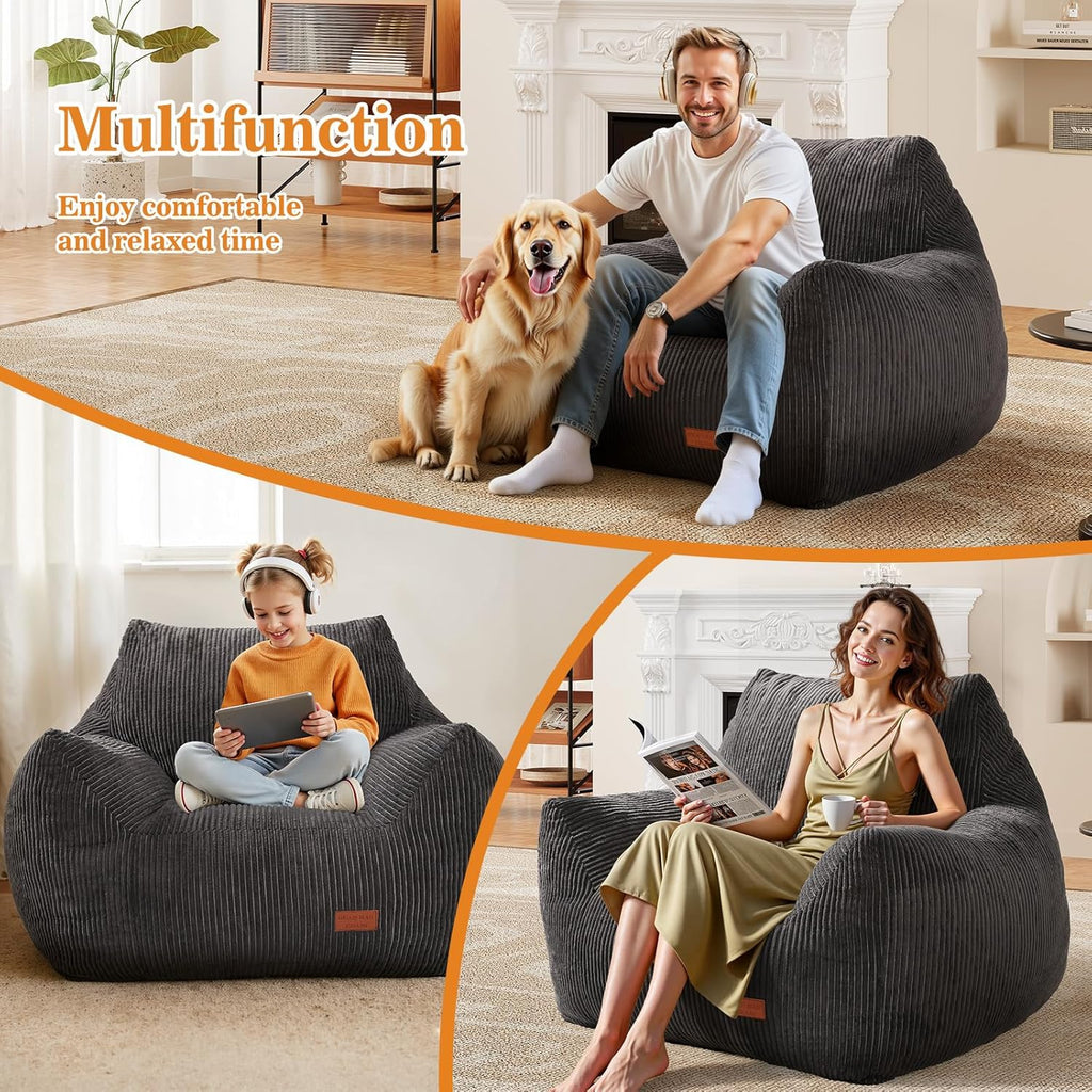 Big Bean Bag Chair for Adults, Ultra Soft Living Room Bean Bag with Armrests & Ottoman, Stuffed BeanBag Chair for Napping, Gaming, Vacuum-Compressed for Easy Gifting, 48h to Expand Dark Gray