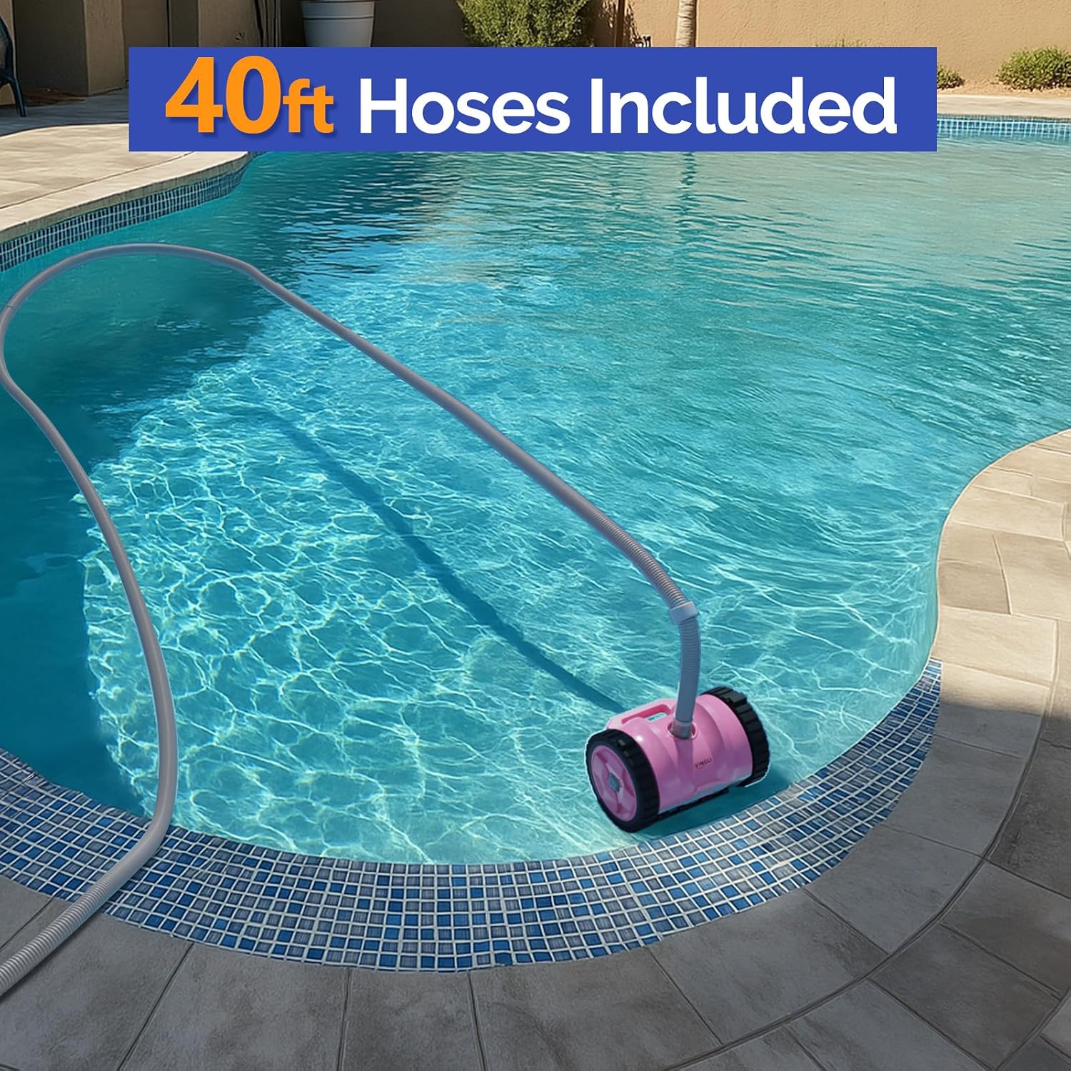 (2025 Upgrade) VINGLI Automatic Suction-Side Pool Vacuum Cleaner, Powerful Wall-Climbing Sweeper for Inground Pools, Includes 39.6ft Tangle-Free Hose (Pink&Gray)